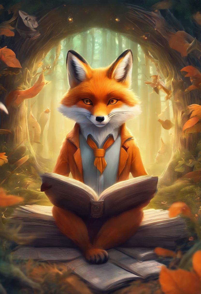 (best quality, ultra-detailed, realistic:1.37), orange fox reading with magical glasses in a magical environment,illustration, fox, cute animal, enchanted forest, VR glasses, fantasy world, immersive experience, vibrant colors, soft lighting, whimsical atmosphere