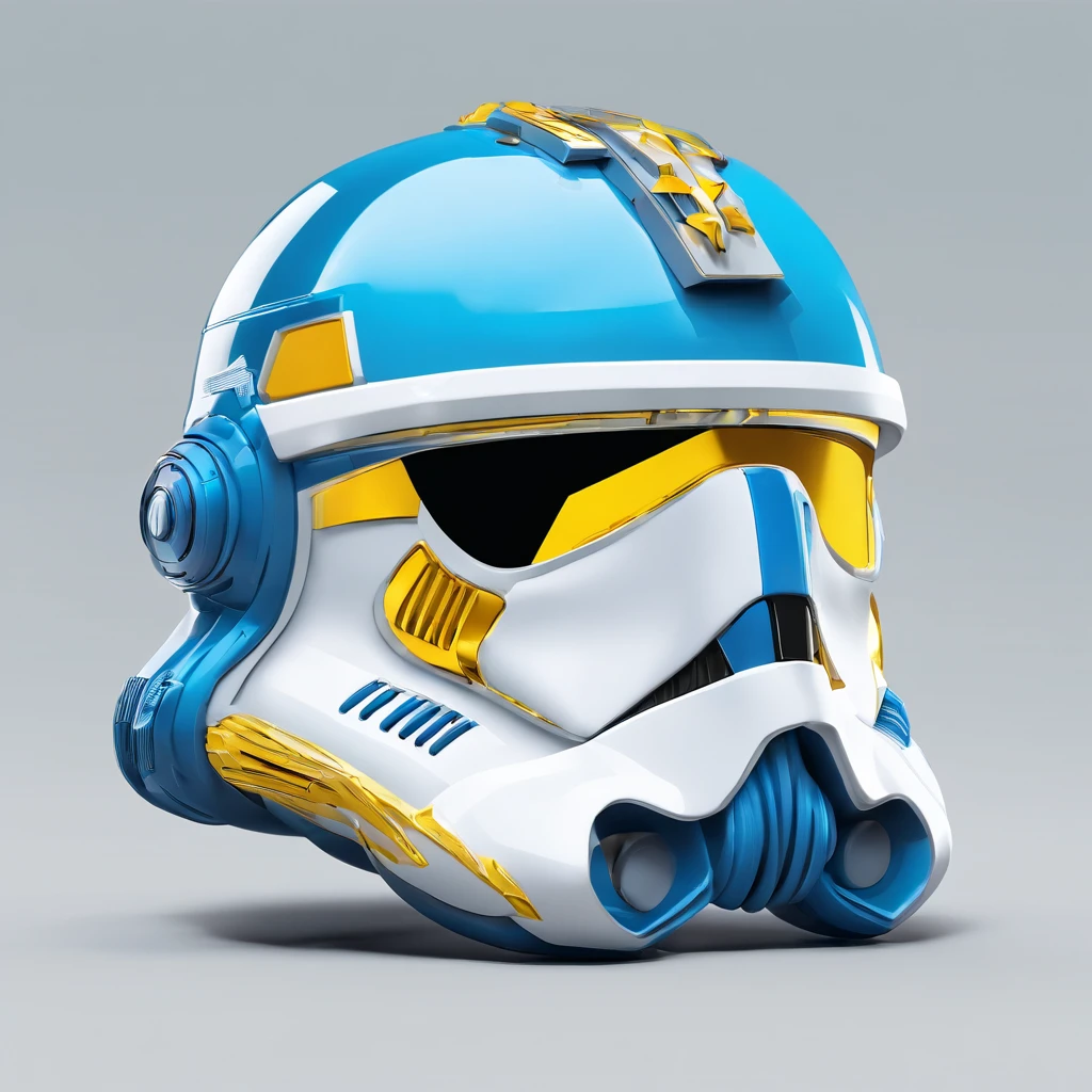 3D Helmet Cannon StormTrooper, colors are sky-blue vivid blue and a yellow star, masterpiece, best quality