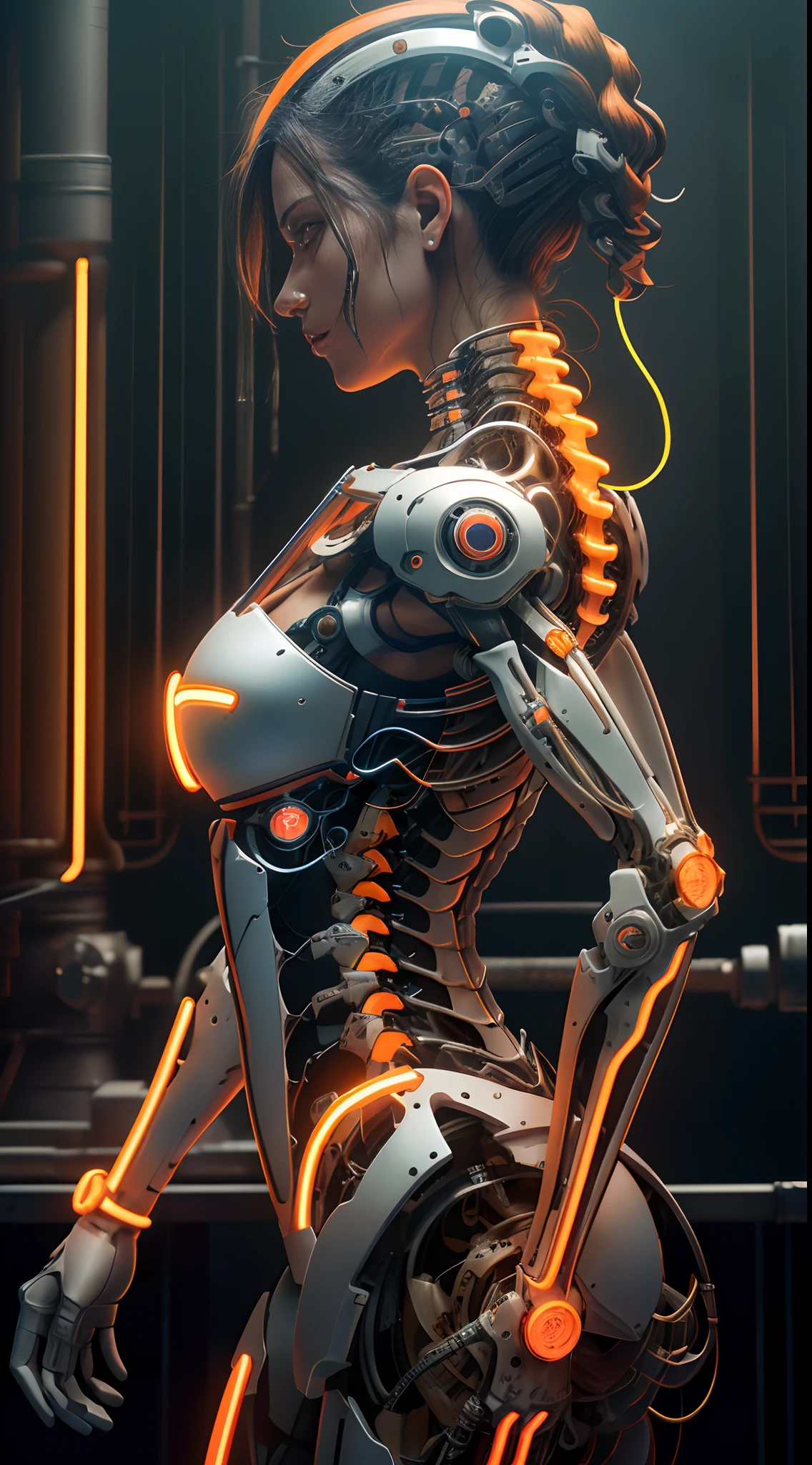 (((masterpiece))), (((best quality))), ((ultra-detailed)), (highly detailed CG illustration), ((an extremely delicate and beautiful)),(from side),cinematic light,((1mechanical girl)),solo,half body,(machine made joints:1.2),((machanical limbs)),(blood vessels connected to tubes),(mechanical vertebra attaching to back),((mechanical cervial attaching to neck)),(sitting),expressionless,(wires and cables attaching to neck:1.2),(wires and cables on head:1.2)(character focus),science fiction,city background, extreme detailed,colorful,highest detailed,(face shadow (extra detailed,best performance)), laser eyes (detailed red))fire in holes of hands)