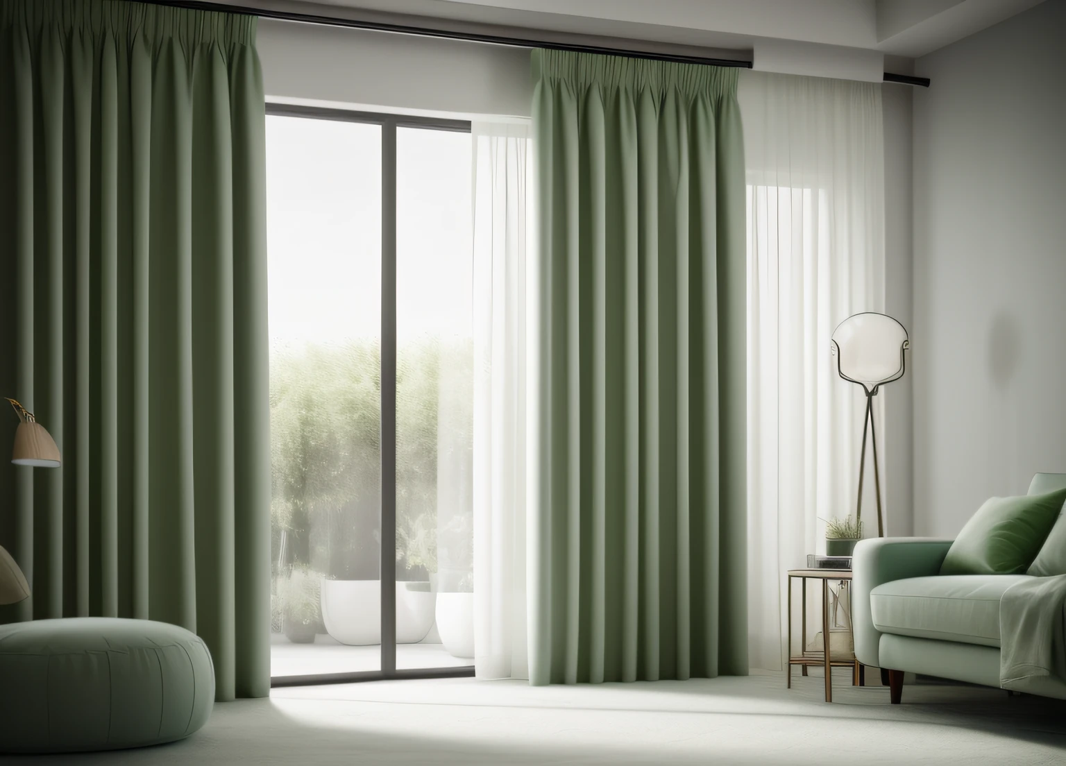 thick curtains, light green, interior, interior design, modern, fully closed curtains, dark enviorment, luminous lighting, (masterpiece),(high quality), best quality, real, (realistic), super detailed, (full detail),(4k),8k