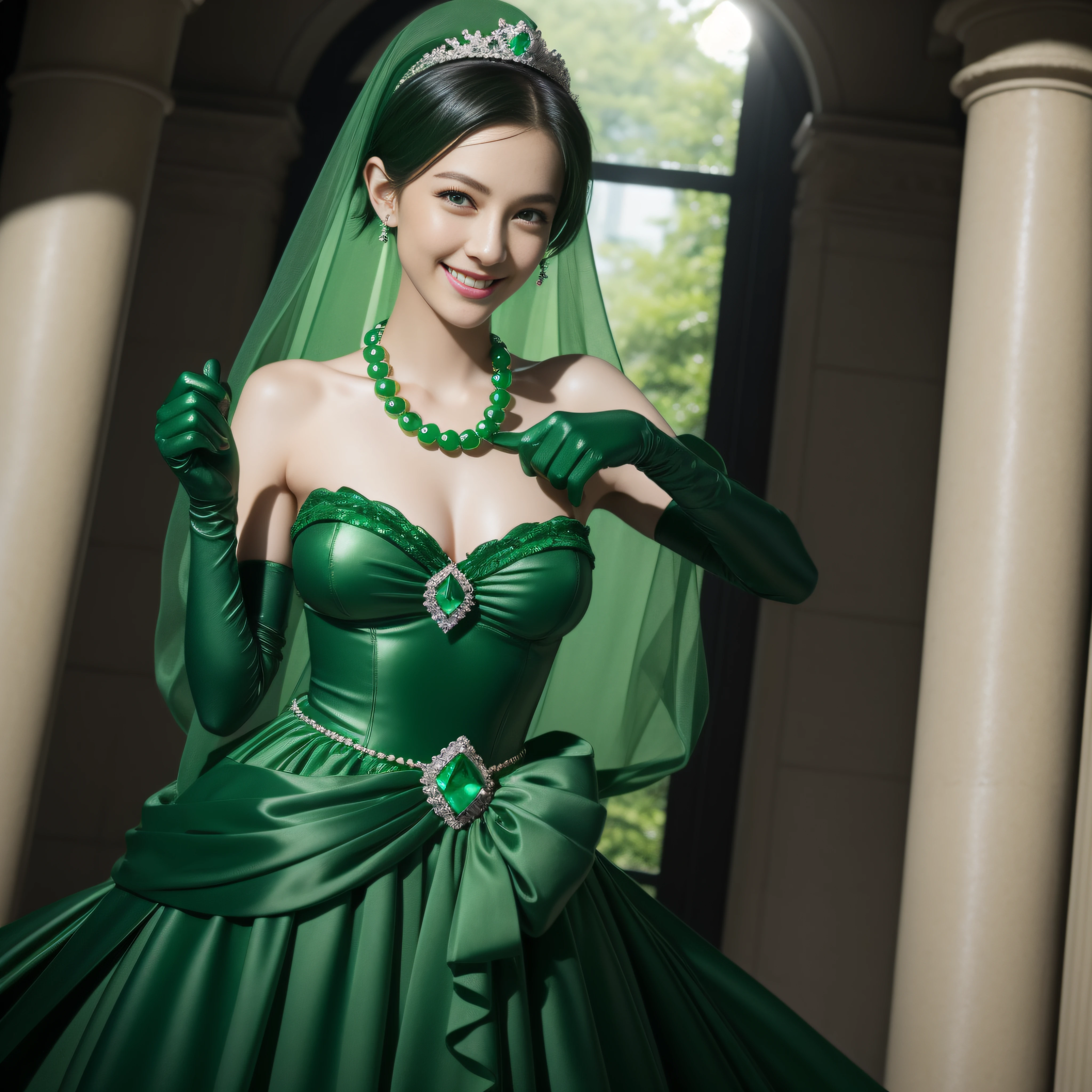 emerald tiara, Green Pearl Necklace, Boyish very short black hair, lipsticks, Japan woman smiling, very short short hair, big breasts beautiful, Green eyes, Long green gloves made of satin material, Green eyes, Emerald Earrings