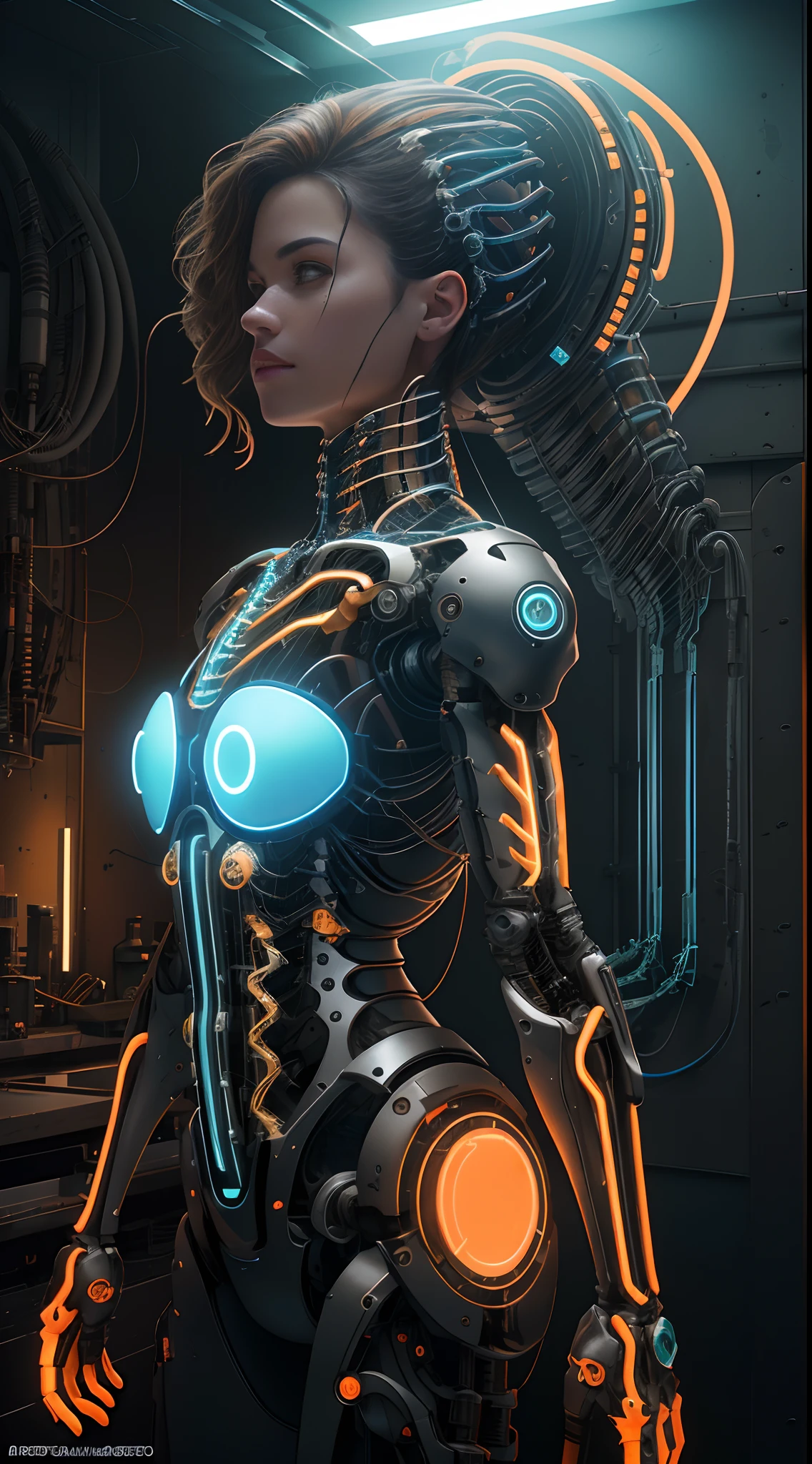 
"Generate an image of an anime cyborg with black armor and high-tech parts, including hoses and cables. The cyborg should have a futuristic and detailed appearance, with elements of mechanics and technology integrated into its body. The armor should be black and shiny, with lights and details that highlight the advanced technology. The background should be dark or abstract to focus attention on the cyborg."

