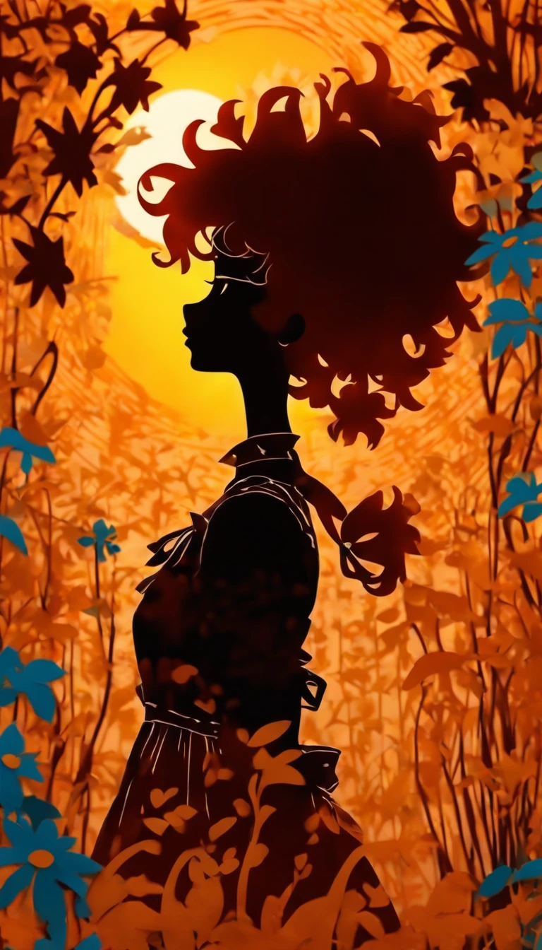 (Silhouette Art,cutouts:1.6) (((Paper cutting art,A world where only white exists:1.3) (Cowboy Shot),1 girl、Solo, (summer dress, profile:1.2),white, Clear and beautiful face,Romper (blue open sky、white clouds、Yellow sunflower) Textured glass background,World of Tarot Cards、summer feel