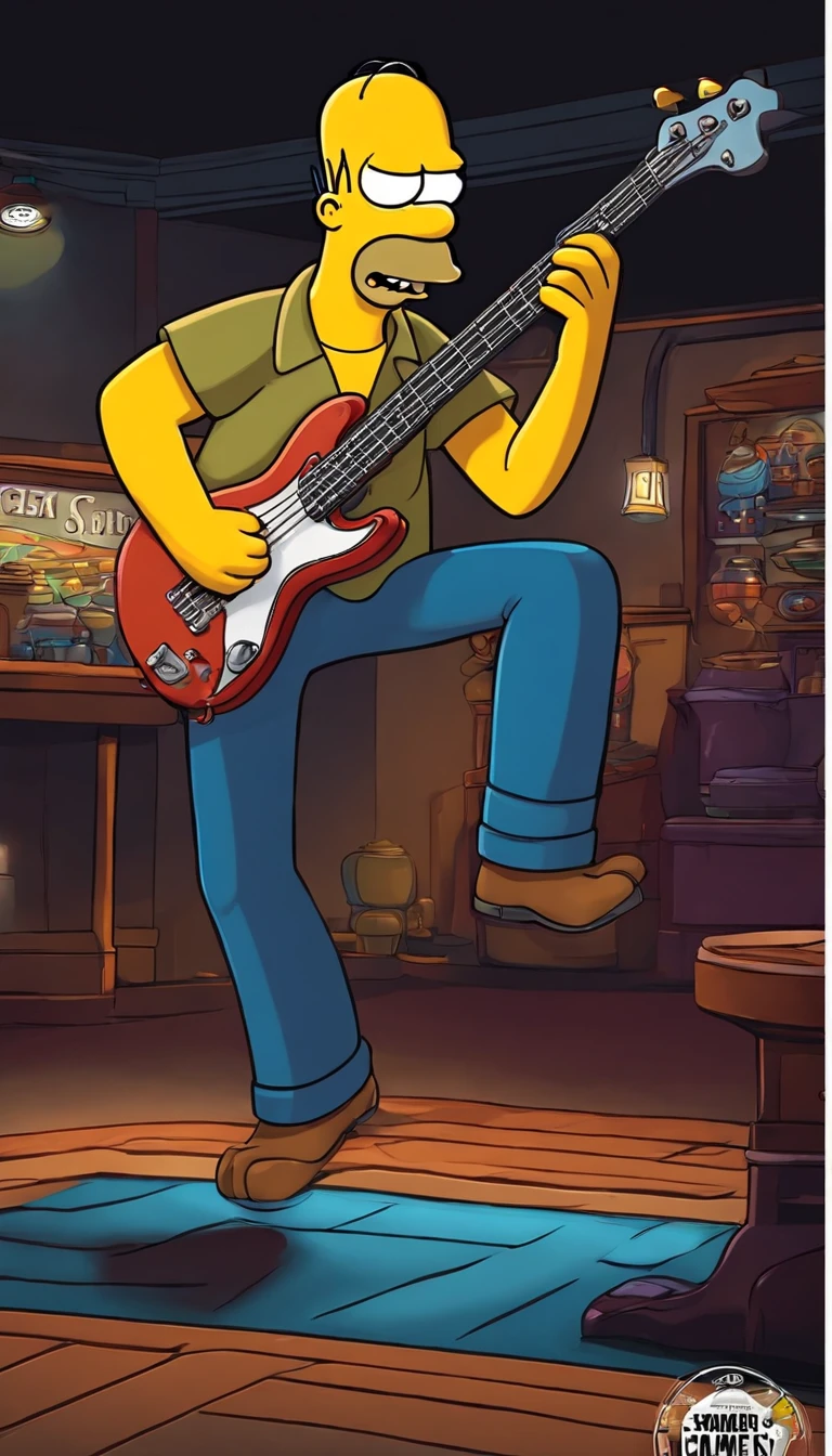 cafe shop,The Simpsons,Homer Simpson plays bass,homer simpson,dramatic lights,Dramatic colors,On stage,One guy,Play bass