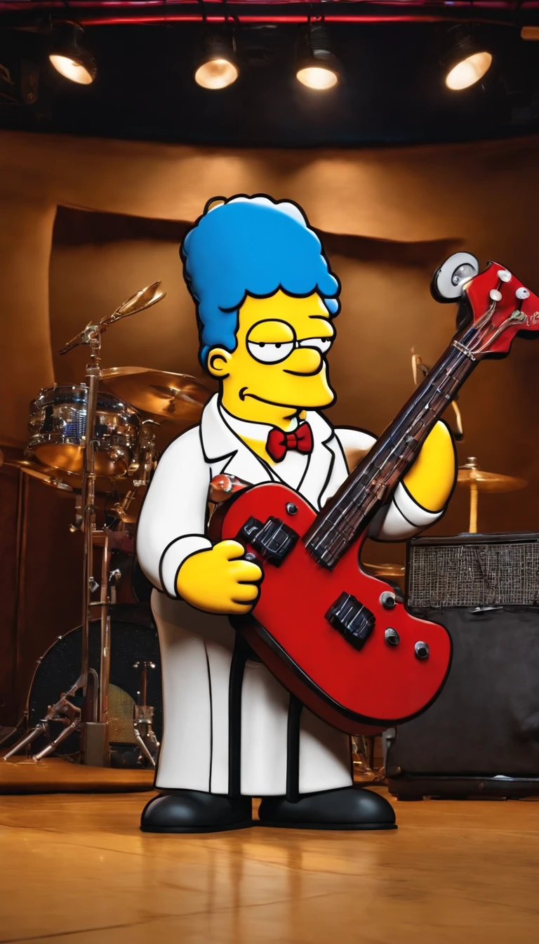 cafe shop,The Simpsons,Homer Simpson plays bass,homer simpson,dramatic lights,Dramatic colors,On stage,One guy,Play bass