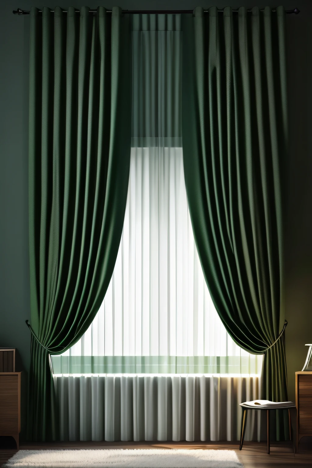 room, thick curtains, blackout curtains, light  green curtains, interior, interior design, modern, closed curtains, night, dark environment, (masterpiece),(high quality), best quality, real, (realistic), super detailed, (full detail),(4k),8k