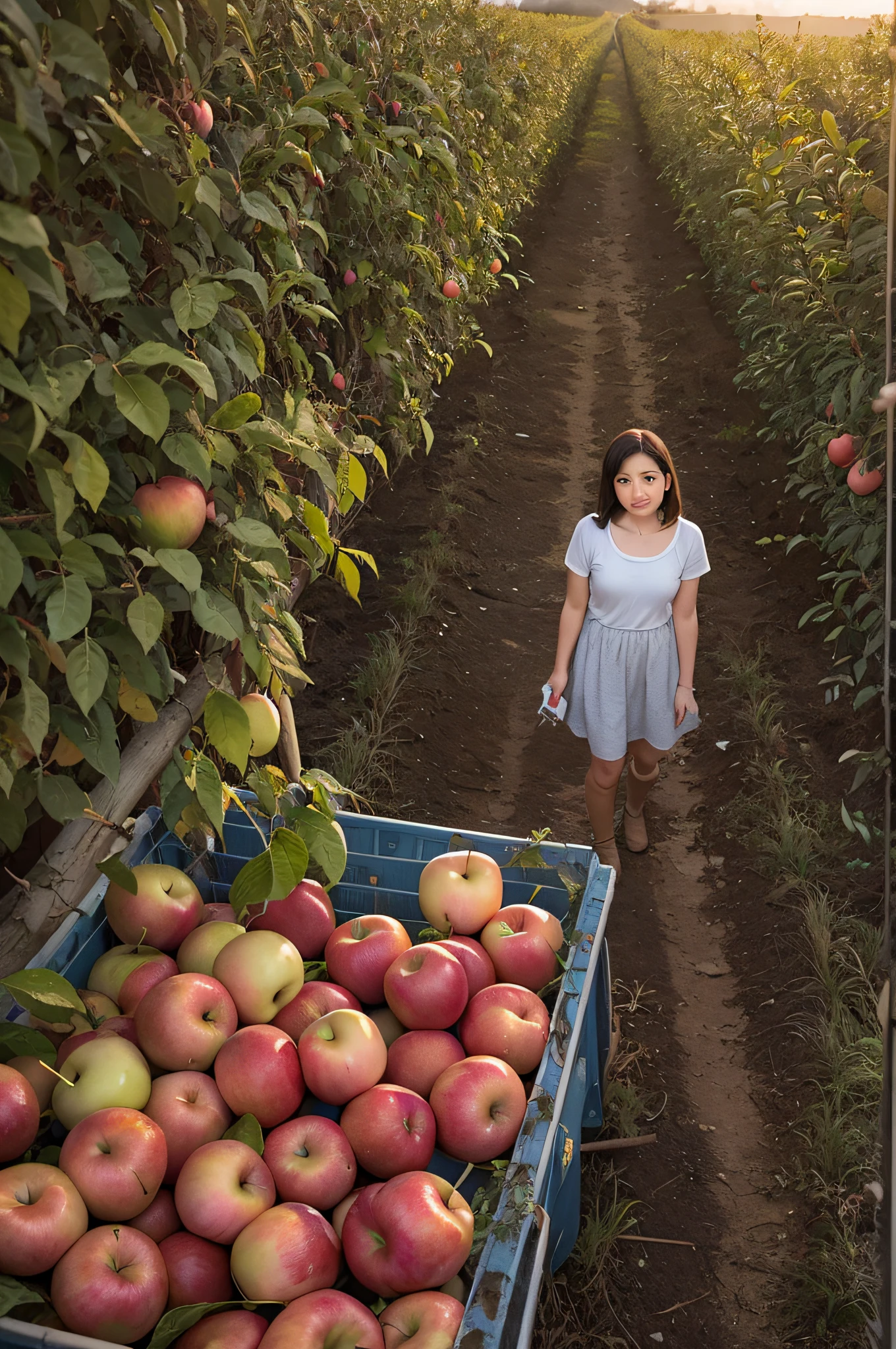 19-year-old woman harvesting in apple orchard、back lighting、Looking at the camera、Overhead view、Studio Lighting Waiting to Start