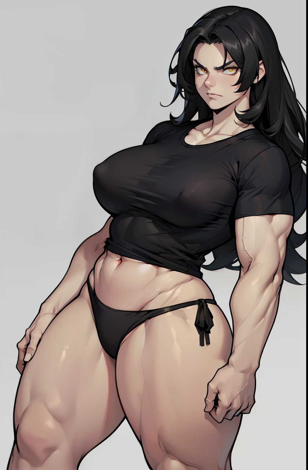 ((grey background)), solo, (((1 girl))), very long hair, black hair, angry, yellow eyes, ((((muscular)))), huge tits, thick thighs, wide hips, pale skin, ((((over-sized t-shirt)))), (thong), standing, midriff, abs, navel