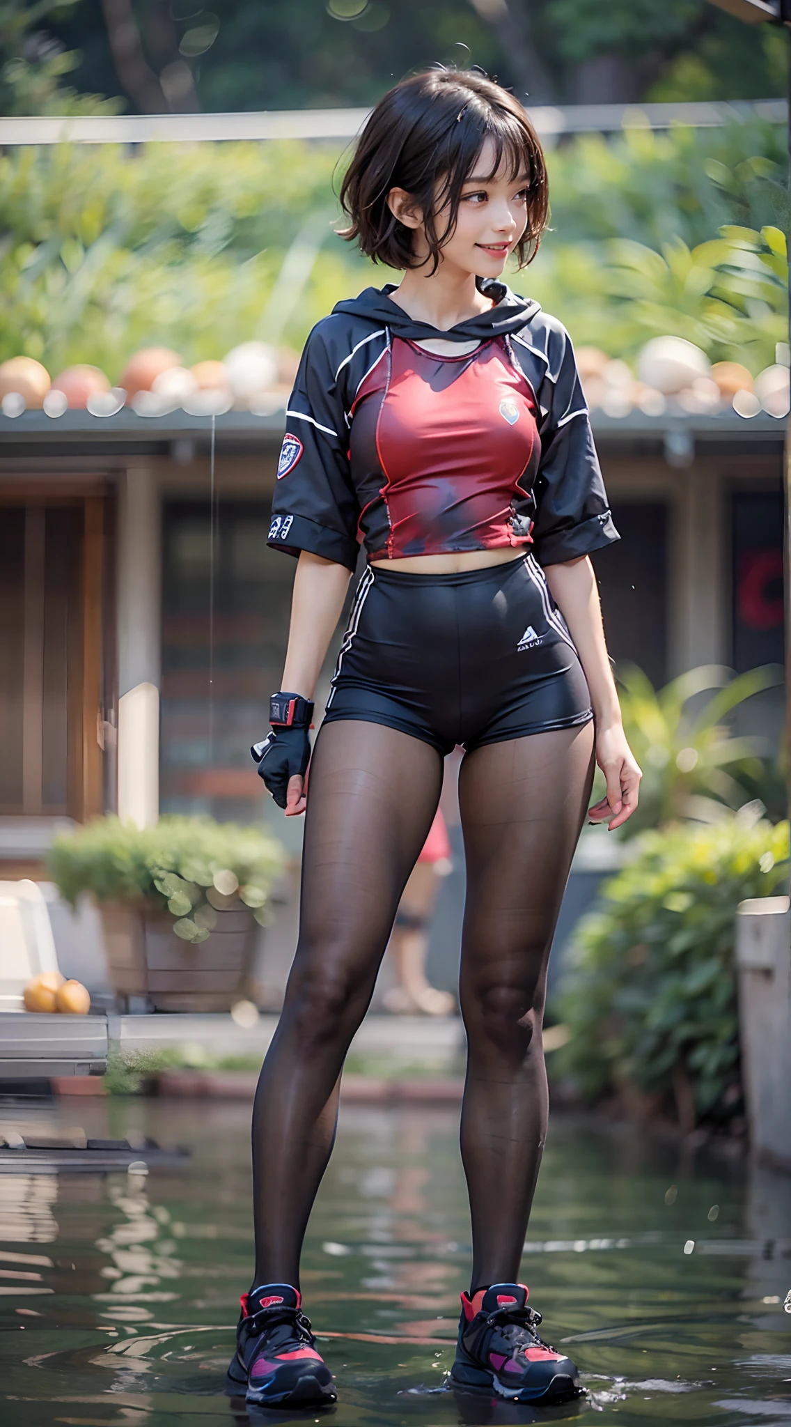 (The FW), 1womanl, Solo, 24 year old, 7headed body, (cute face), (Ideal ratio body proportions), outside of house, sports wear, Sexy body, Wet, Clothes are sheer, Smiling smile, short-hair, Dark hair, small tits, A slender, Small buttocks, beauty legs, Skinny Legs, surrealism, Cinematic lighting, depth of fields, One-person viewpoint, F/1.8, 135 mm, nffsw, masutepiece, ccurate, ((Anatomically correct)), Textured skin, Super Detail, high details, High quality, awardwinning, Best Quality, hight resolution, 8K