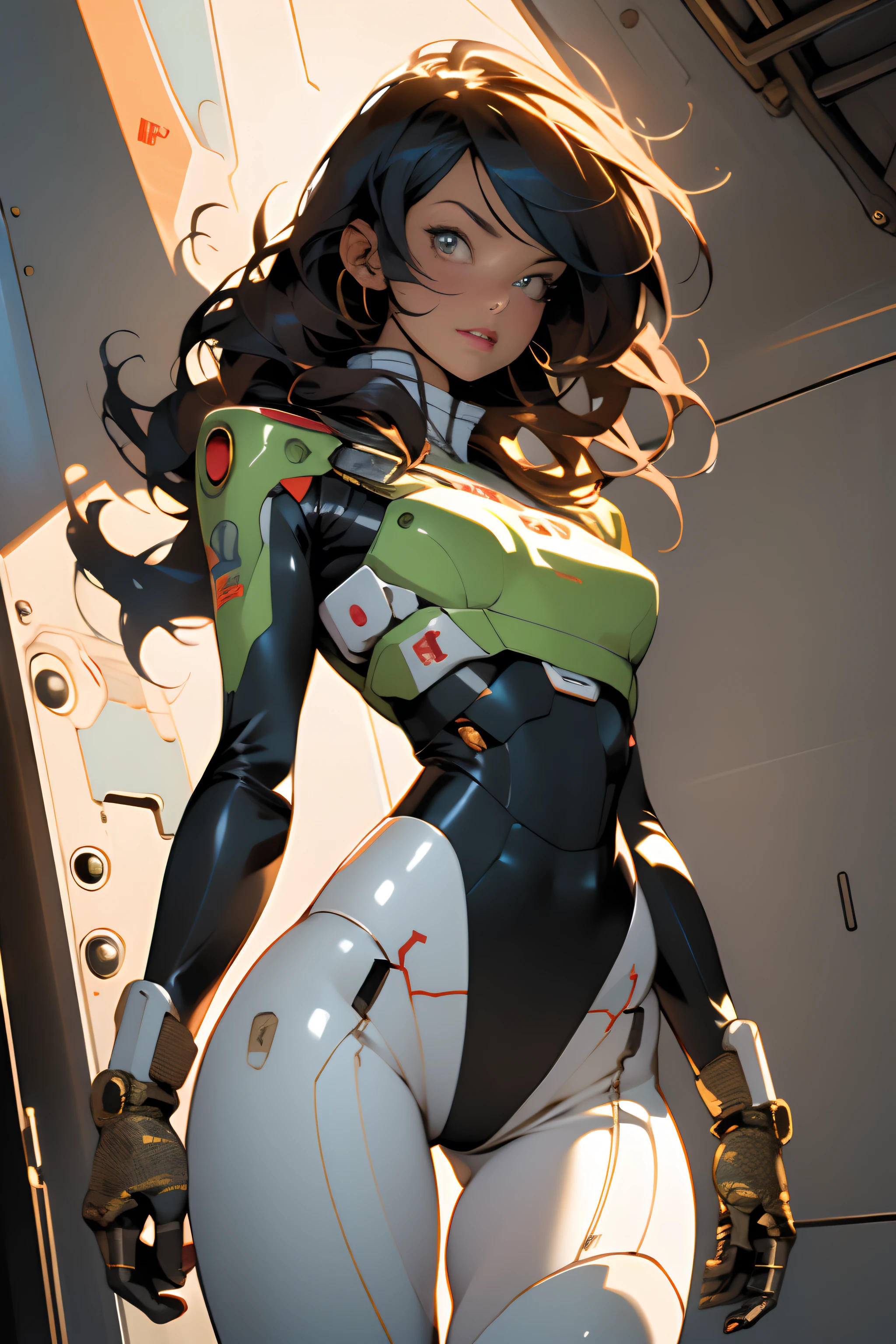 ((Best quality)), ((masterpiece)), (detailed: 1.4), (Absurd), (((full body)), (((woman))), 35-year-old woman, Beautiful thin woman, giant robot pilot, wild with perfect fit body, perfect face, perfect eyes, striking eyes, wearing little clothing, tiny thong, clothing with Japanese graphic patterns, halftone pattern and vertical stripes, yellow gold, coming out of the body of a giant robot, thigh gap