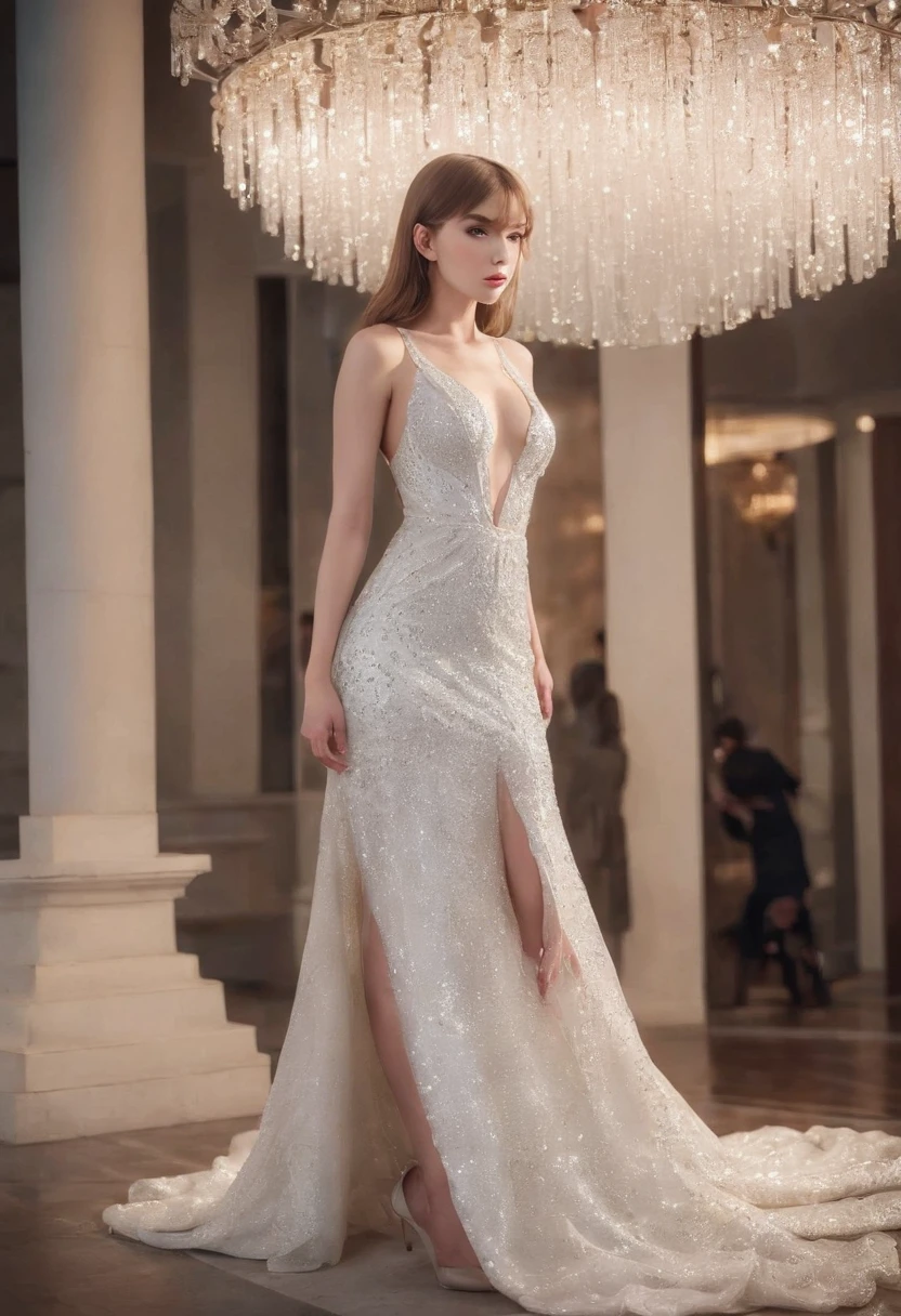 SFW, 1girl, (((focus))), (look_over_back), Big butt,
(concave_leg_dress), white_dress, (prom_night),
chandelier, ((sparkle_light)), crowded,
delicately_detailed_dress