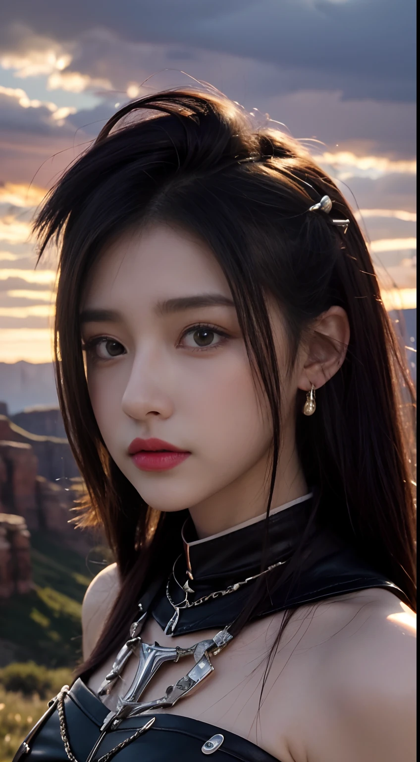 Works of masters,Higher quality,high detal,超高分辨率,8K分辨率,depth of fields,first person perspective,solo person,femele,sheik,thick eyebrow,expressiveless,Purple hair big breasts,long whitr hair,hoop earings,bangle,ear studs,choker necklace,Iron thorns,Leather skirt,fur shawl,Combat boots,Facing the viewer,eventide,The cloudy,meteor shower,plateau,canyons,Cinematic lighting,volumettic light,Dusk Law,Brilliant Sunshine Law