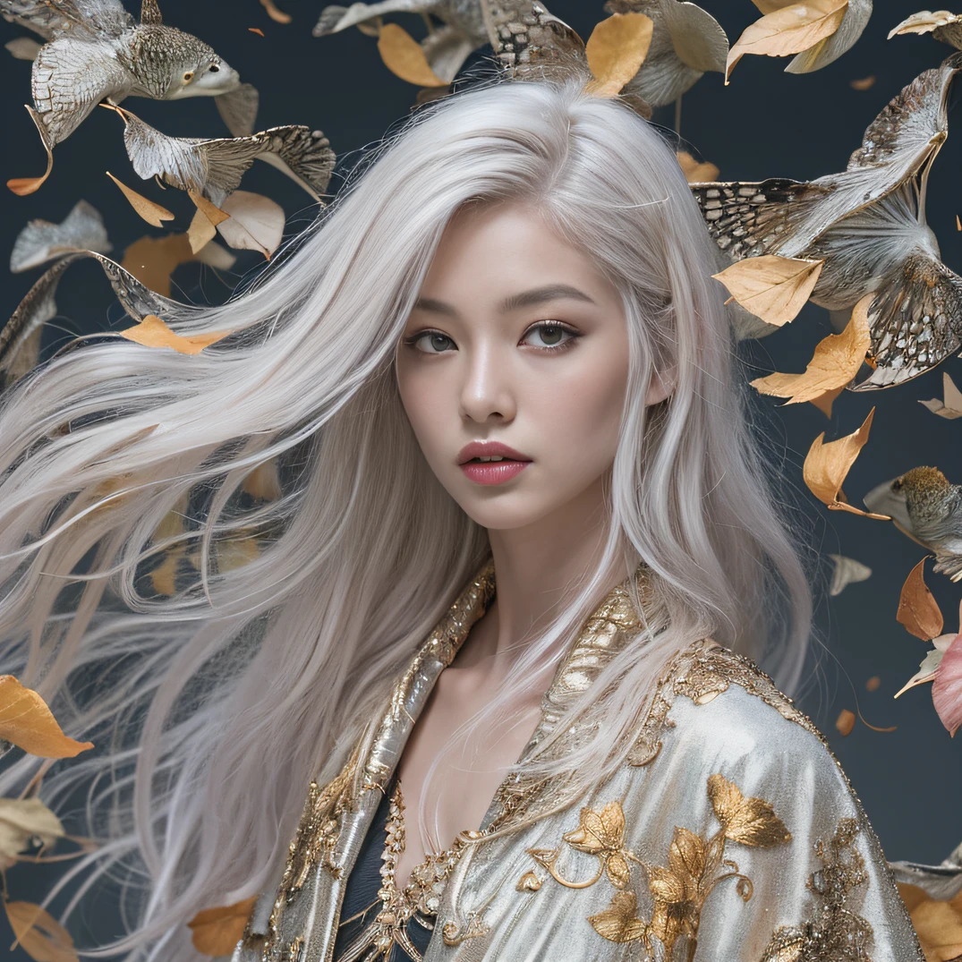 Gold backstop 32K(tmasterpiece,k hd,hyper HD,32K)Long flowing black hair,ponds,zydink, a color, Aozhou people (Concubine girl), (Purple silk scarf), Combat posture, looking at the ground, long whitr hair, Floating hair, Carp pattern headdress, Chinese long-sleeved clothing, (Abstract gouache splash:1.2), Pink petal background,Pink and white lotus flowers fly(realisticlying:1.4),Black color hair,Fallen leaves flutter,The background is pure, A high resolution, the detail, RAW photogr, Sharp Re, Nikon D850 Film Stock Photo by Jefferies Lee 4 Kodak Portra 400 Camera F1.6 shots, Rich colors, ultra-realistic vivid textures, Dramatic lighting, Unreal Engine Art Station Trend, cinestir 800,Long flowing black hair,Denim skirt