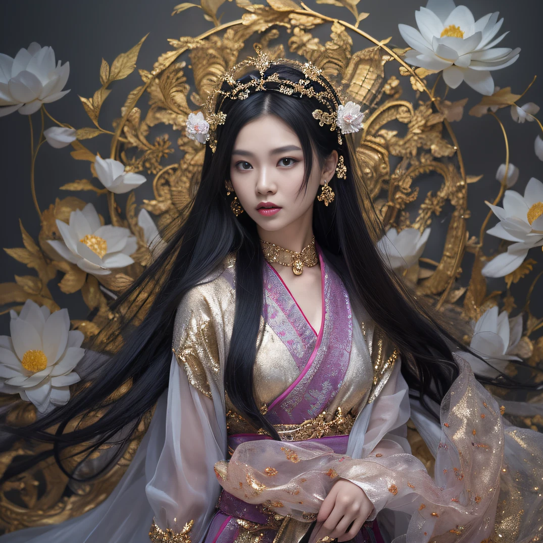 Gold backstop 32K(tmasterpiece,k hd,hyper HD,32K)Long flowing black hair,ponds,zydink, a color, Aozhou people (Concubine girl), (Purple silk scarf), Combat posture, looking at the ground, long whitr hair, Floating hair, Carp pattern headdress, Chinese long-sleeved clothing, (Abstract gouache splash:1.2), Pink petal background,Pink and white lotus flowers fly(realisticlying:1.4),Black color hair,Fallen leaves flutter,The background is pure, A high resolution, the detail, RAW photogr, Sharp Re, Nikon D850 Film Stock Photo by Jefferies Lee 4 Kodak Portra 400 Camera F1.6 shots, Rich colors, ultra-realistic vivid textures, Dramatic lighting, Unreal Engine Art Station Trend, cinestir 800,Long flowing black hair,Denim skirt