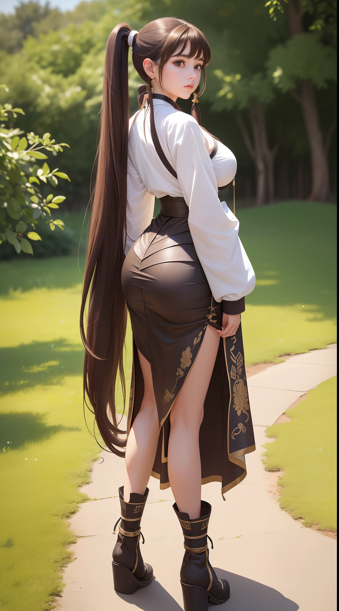 (best quality), (hyperrealistic), mh-yk, 1girl, solo, brown hair, brown eyes,, long hair, chinese clothes, twintails, outdoor, Double ponytail super long hair hoop，a skirt，jewelry，By bangs，Extremely tall，huge tit，Oversized buttocks，long leges，Booties。（Full body shot from head to toe）