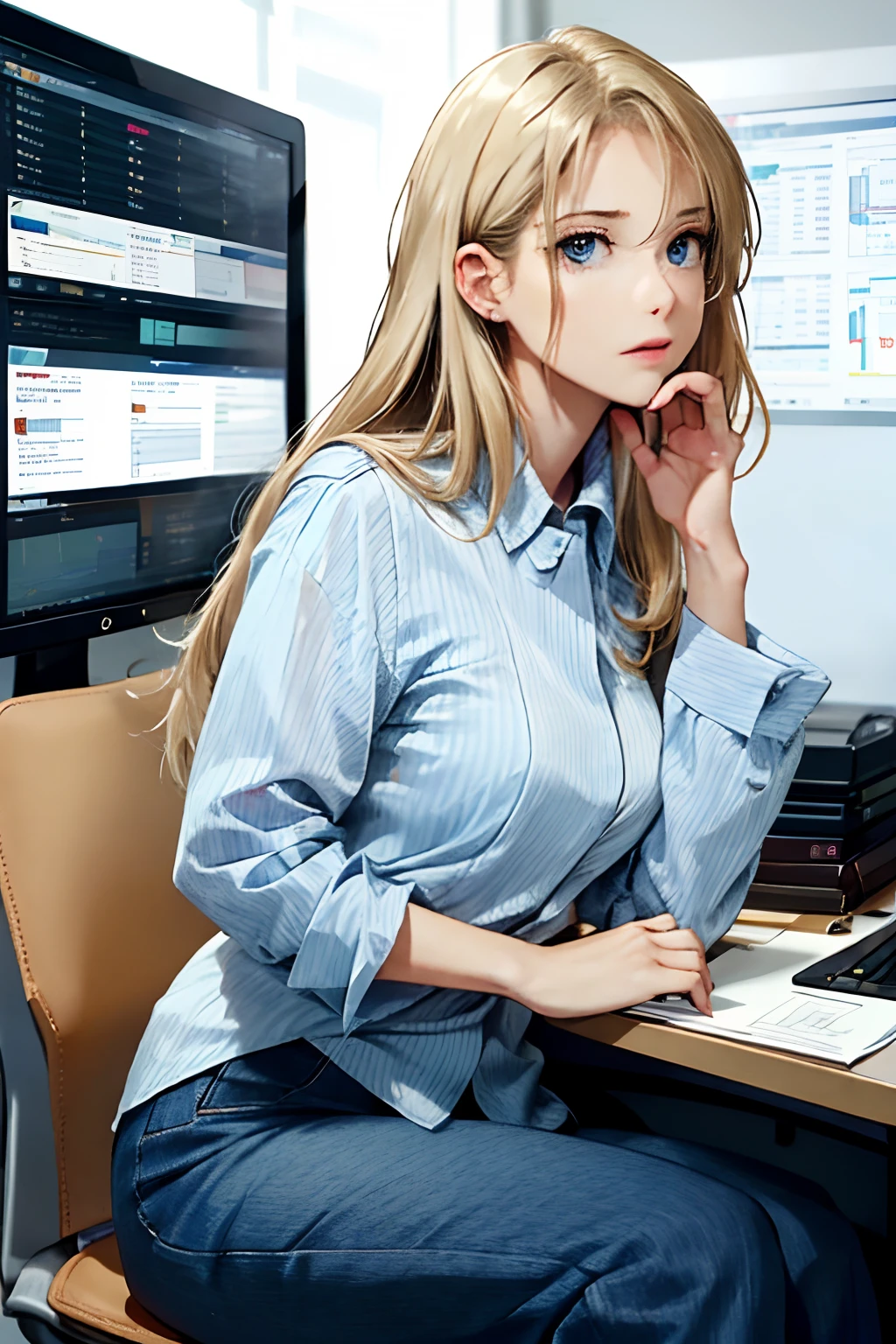 Holding a female economic newspaper of a beautiful blonde businesswoman in her hand. She sits at the computer, On-screen charts and numerical tracking. His face is、Represents concentration and determination when making analysis and investment decisions. Around you, There may be symbols related to the financial markets, Stock charts, stock exchanges, etc..