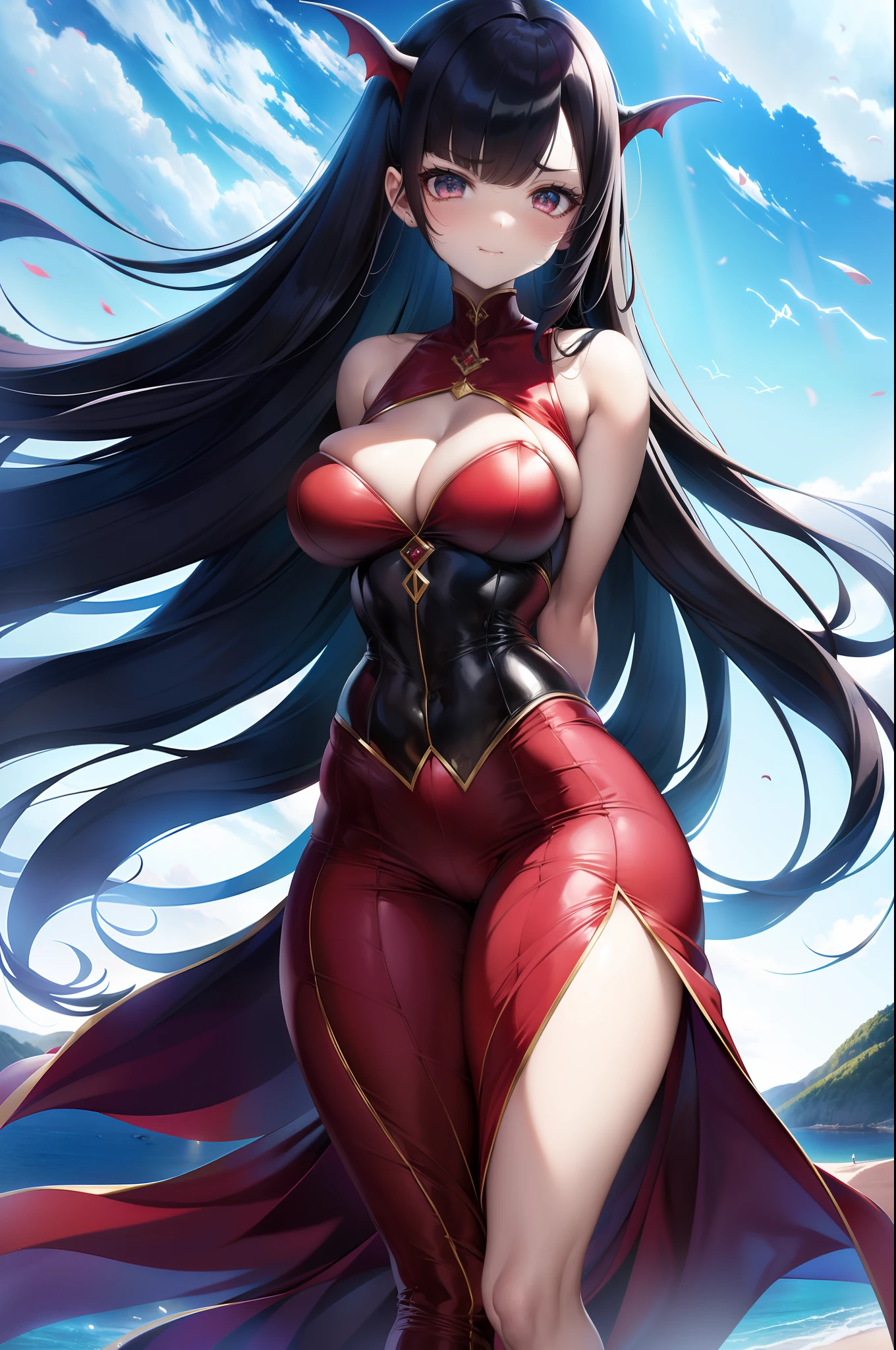 ( qualidade 8k ), ( melhor qualidade ), ( Ultra HD | | | | ), ( Anatomia do personagem perfeita ), ( perfect lighting ), ( Foto corpo inteiro 8k ), ( Detalhamentos perfeitos ), ( Detalhes do personagem perfeitos ), ( Details of the perfect setting ), ( obra prima ), ( Simetria do rosto do personagem perfeito ), ( Construction of the body of the delicate female character ) Uma Condessa Vampira perfeita, extremamente bela, com cabelos azuis (( hair fluttering in the wind )), Large succubus handles (( Cor das Asas Interna Vermelha, Externa preto )) , corpo perfeito, rosto lindo, torso, pernas, Arms, smile shy, ((calm expression)), ((sangue escorrendo na latera da boca)), wearing Count Dracula's clothes in black, corpo inteiro vampiro traje cor vermelha, wearing a black robe of Count Dracula, ((hair fluttering in the wind)), ( Transylvania Scenery ), ( Castle in Transylvania ), ( Starry Night Schedule ).