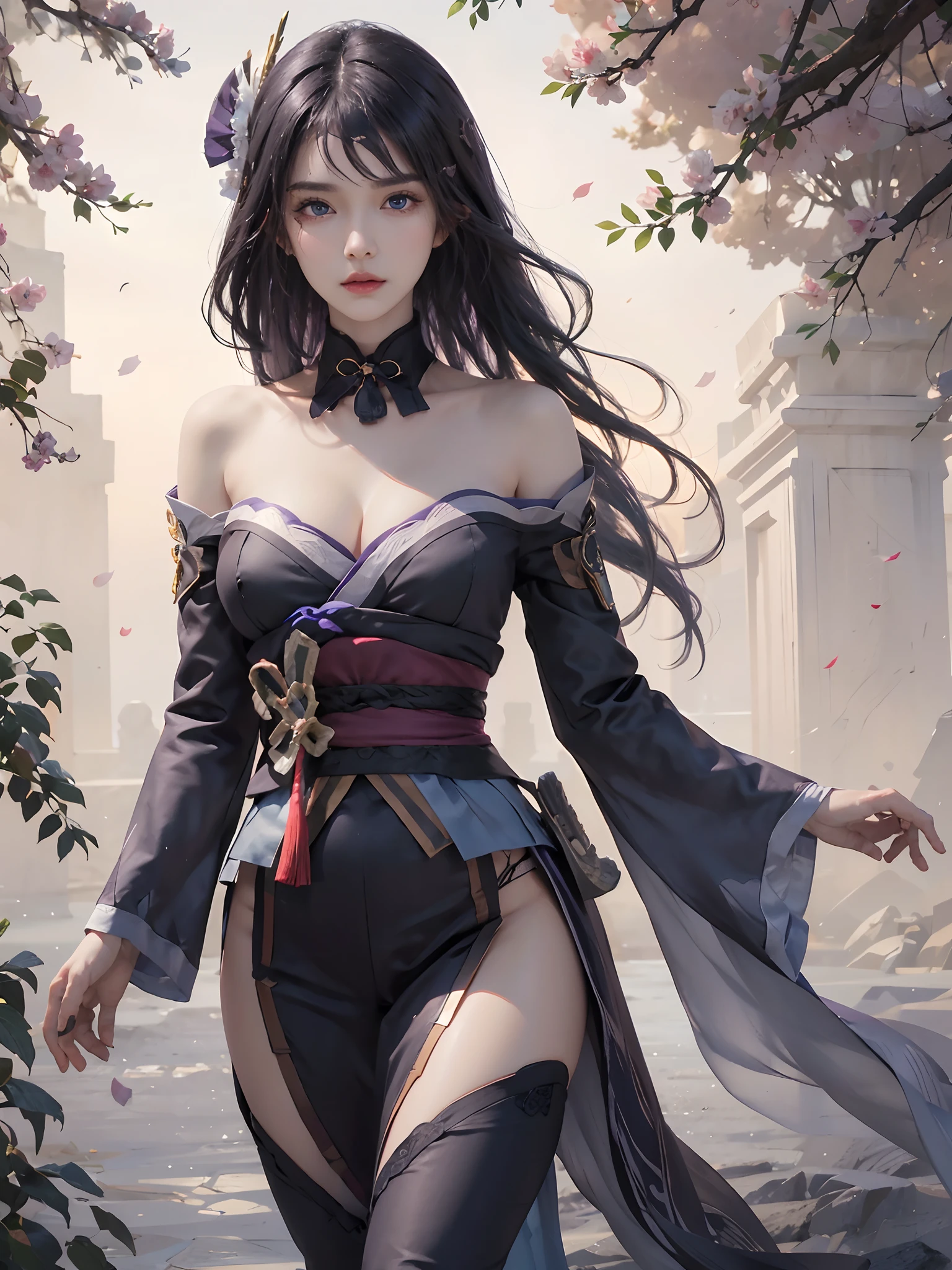 photorealistic, high resolution, 1 women, solo, hips up, look at viewer, (detailed face), black purple hair, medium breasts, raiden shogun ,genshin impact, innocent blue eyes, long hair, weapon