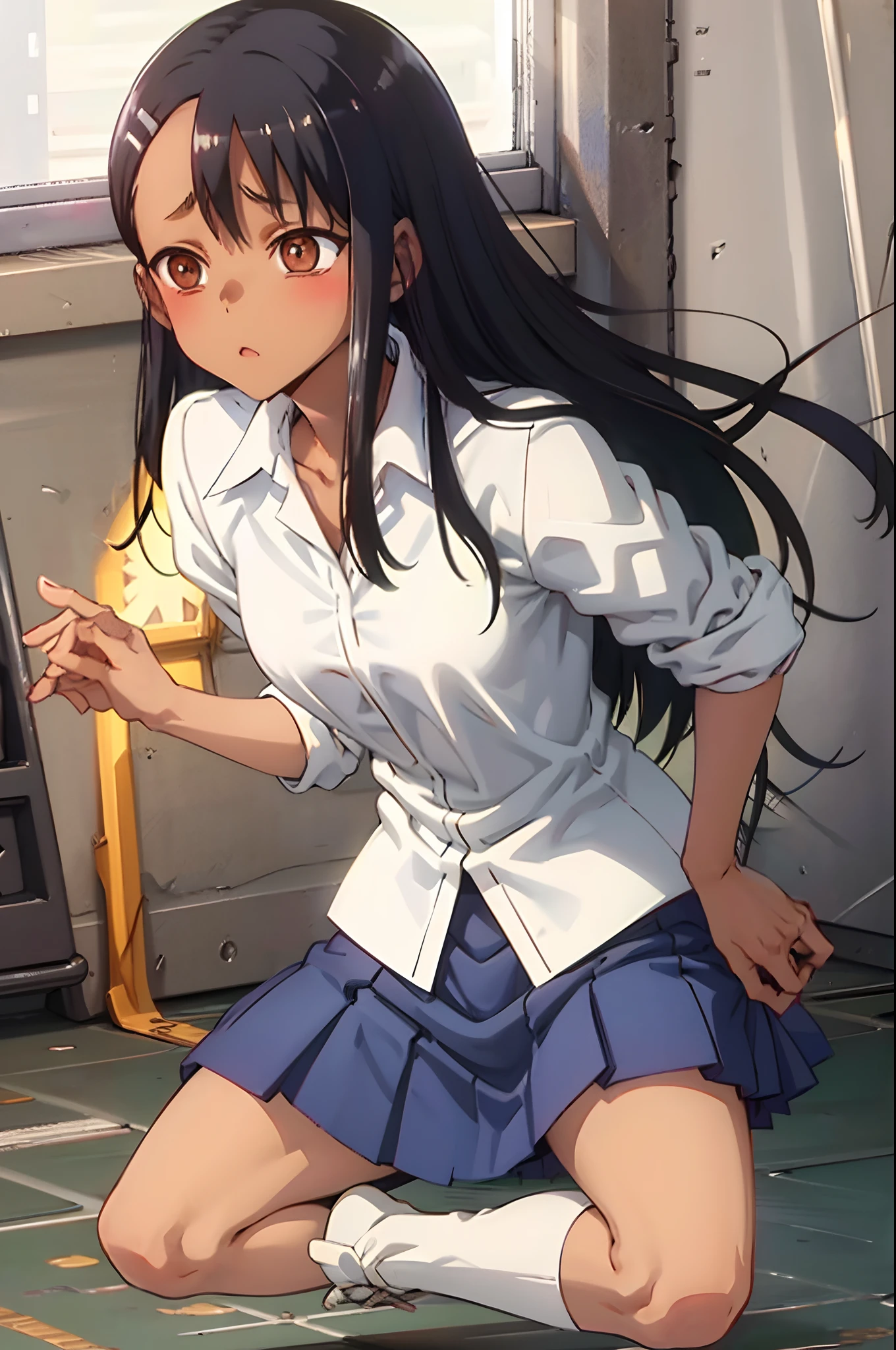 nagatoro Hayase, brown eyes, black hair, bangs, long hair, dark skin, hairclip, white shirt, blue skirt, no socks, school shoes, mage ice magic