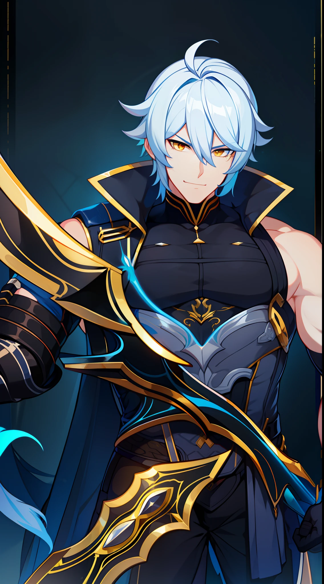 Grown-up guy, Long blue and white hair, Yellow eyes, musculature, smirk, open mouth, Black Mercenary Uniform, sword, Sleeveless, Gold Elements, Masterpiece, hiquality, higly detailed, HD, 4k