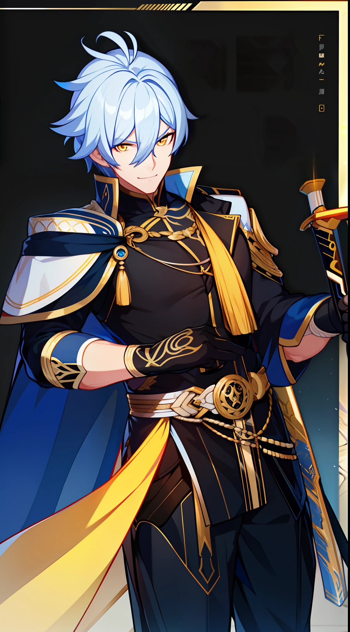 Grown-up guy, Long blue and white hair, Yellow eyes, musculature, smirk, open mouth, Black Mercenary Uniform, sword, Sleeveless, Gold Elements, Masterpiece, hiquality, higly detailed, HD, 4k