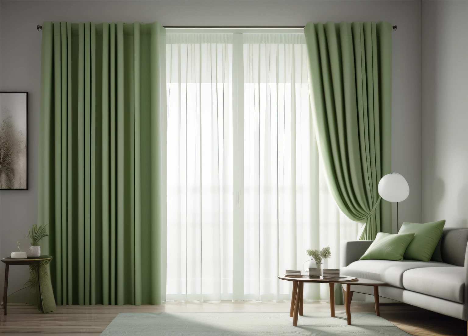 thick curtains, light green, interior, interior design, luminous lighting, (masterpiece),(high quality), best quality, real, (realistic), super detailed, (full detail),(4k),8k