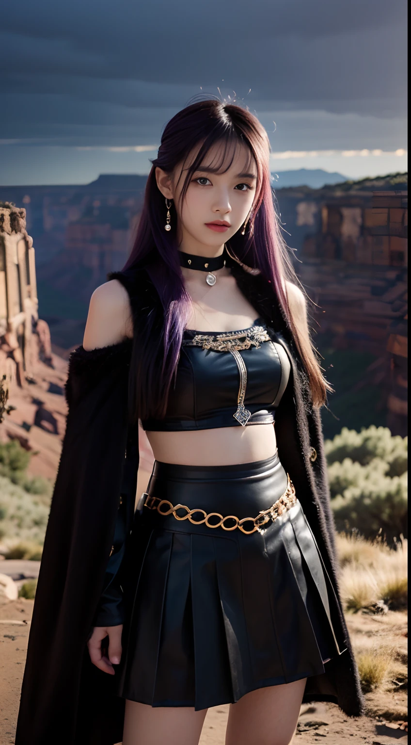 Works of masters,Higher quality,high detal,超高分辨率,8K分辨率,depth of fields,first person perspective,solo person,femele,sheik,thick eyebrow,expressiveless,Purple hair big breasts,long whitr hair,hoop earings,bangle,ear studs,choker necklace,Iron thorns,Leather skirt,fur shawl,Combat boots,Facing the viewer,eventide,The cloudy,meteor shower,plateau,canyons,Cinematic lighting,volumettic light,Dusk Law,Brilliant Sunshine Law
