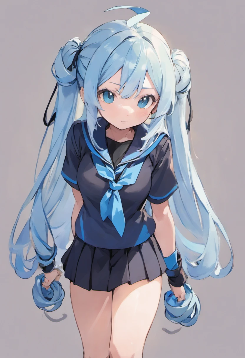 1girl, long light blue hair, dark blue, black school modern uniform, anime, rope bondage, fully bound, duct tape gag