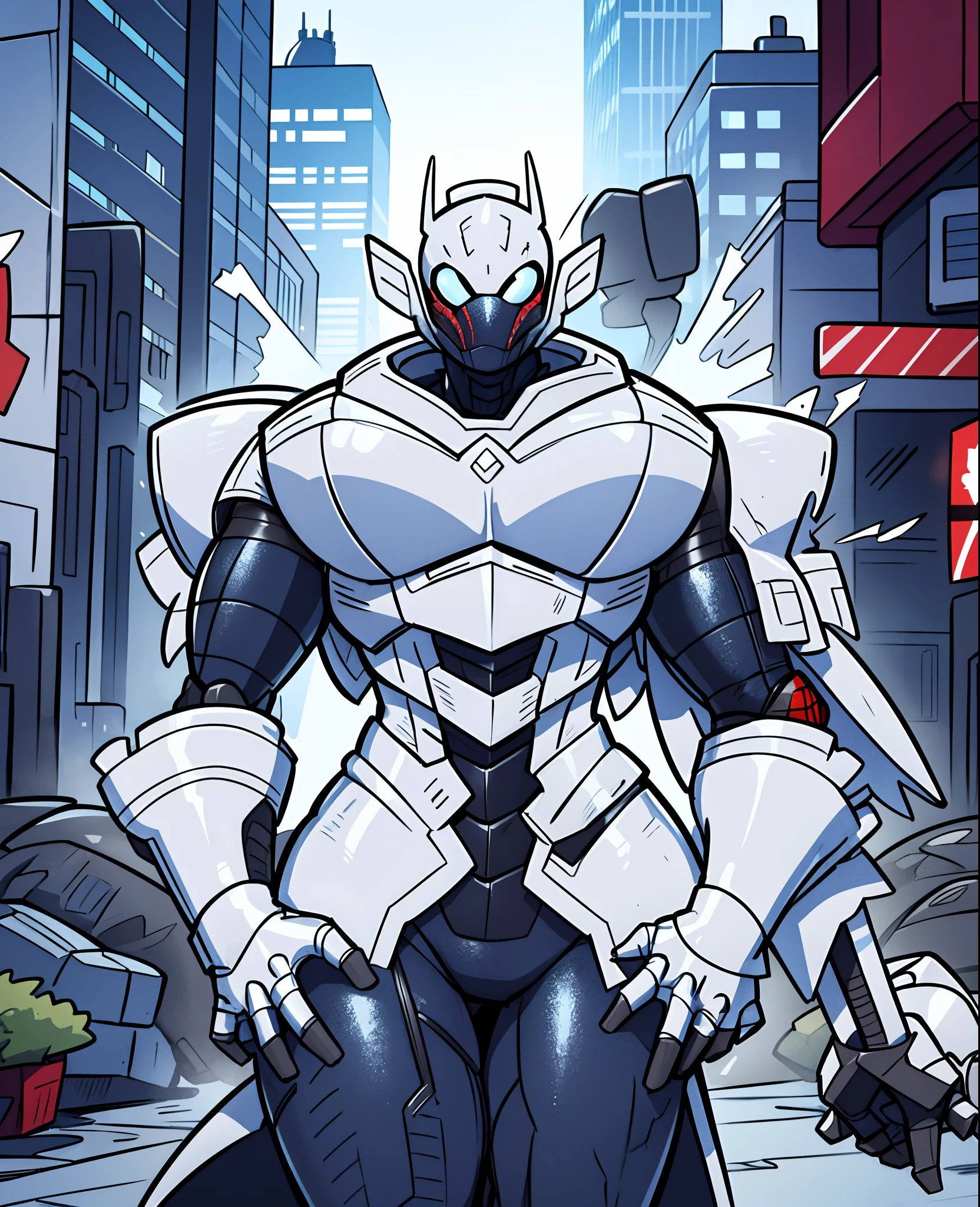 cartoon, toonish cute style, arafed man mecha in a white suit standing in the middle of a city, symbiote, moon knight, streamlined white armor, sleek streamlined white armor, futuristic style spiderman, venom symbiote, intricate white armor, tor from marvel, white armor, venom, sleek white armor, covered in full silver armor, sleek bright white armor, sexy muscles