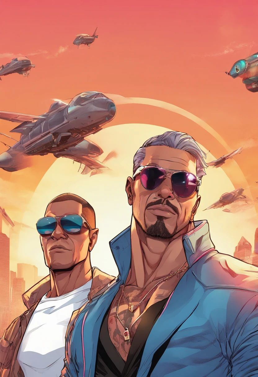Adult males、bule、silber hair、(ultra-detailliert)Matrix Sunglasses、Black hat、white t-shirts、Cartoon in a black suit、Illustration of the wind,, In a realistic graphic style, Very detailed design,musculature, stylish,Looks like you're in a sci-fi movie