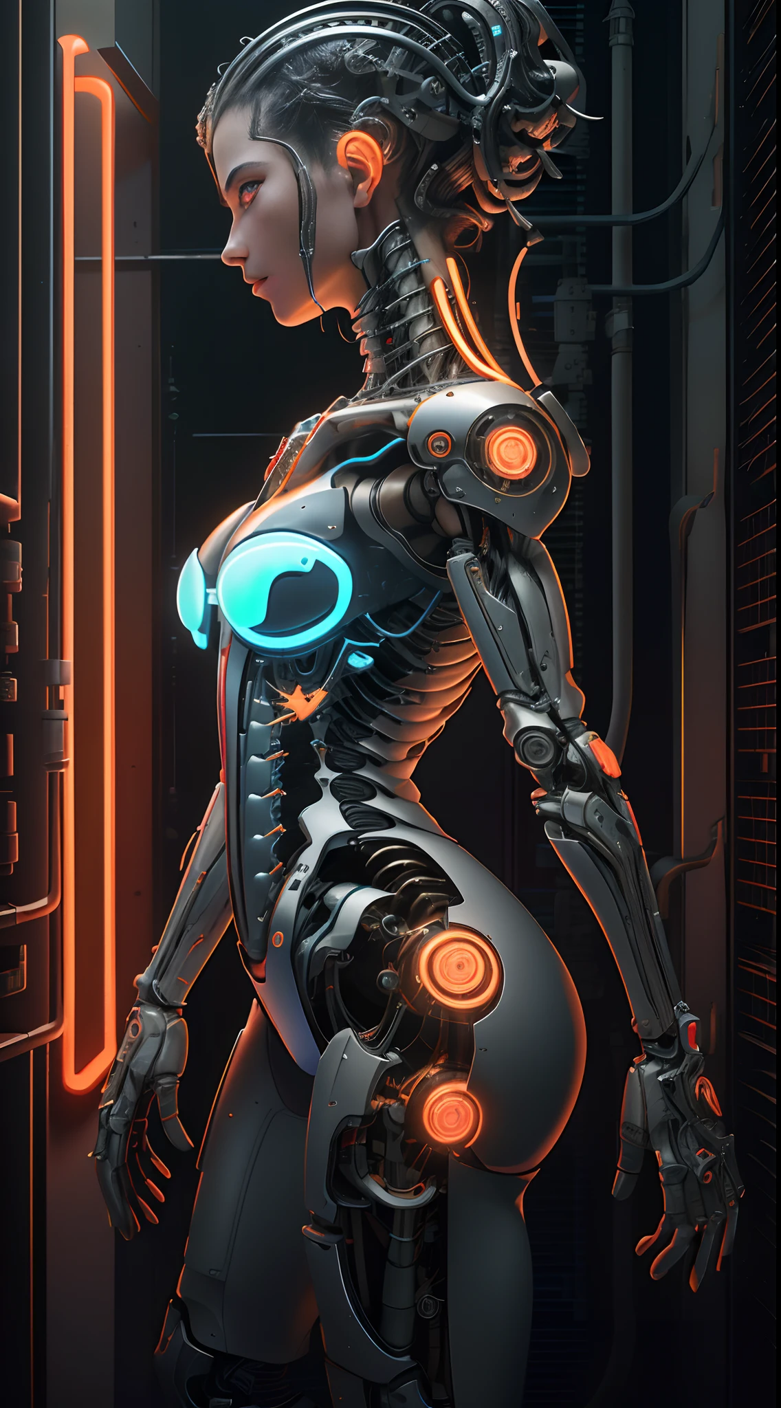 Reelmech, Sirvienta , (((obra maestra))), (((La mejor calidad))), ((ultra detallado)), (Highly detailed CG illustration), ((un extremadamente delicado y hermoso)),(Front view),CinematicLight,((1mechanical girl)),solamente,cuerpo completo,(machine made joints:1.2),((machanical limbs)),(Blood Vessels Attached to Tubes),(mechanical vertebra attaching to the back),((mechanical cervial attaching to neck)),(ojos cerrados),inexpresivo,(alambres y cables que se fijan al cuello:1.2),(alambres y cables en la cabeza:1.2)(enfoque del personaje),Science-Fiction,extremadamente detallado,De color,highest detailed,(laboratorio:1.4),fondo azul:1.4),(Neon lights Orange:1.4), motor irreal:1.4,UHD,La mejor calidad:1.4, (fotorrealista:1.4, textura de la piel:1.4, obra maestra:1.8,
