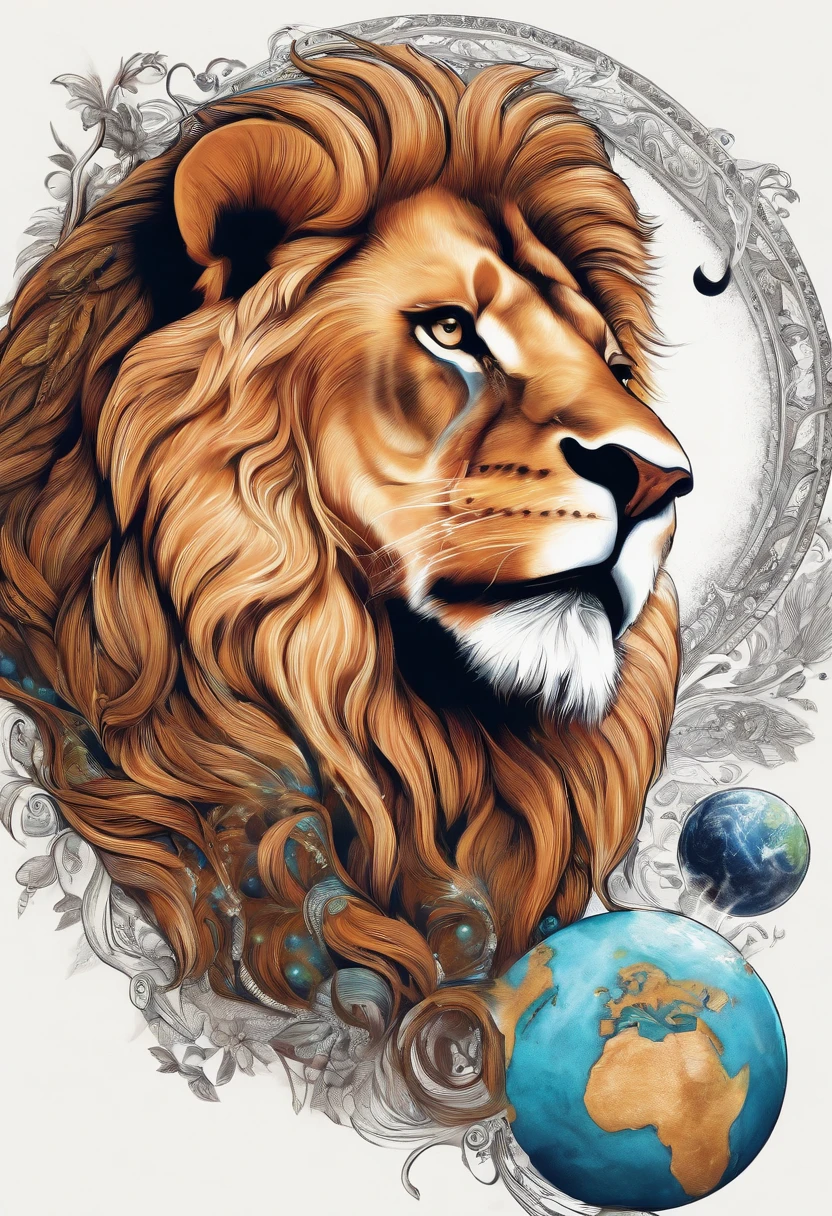 Drawing of a lion playing grabbing Planet Earth in His Hands, fundo branco, estilo tatuagem