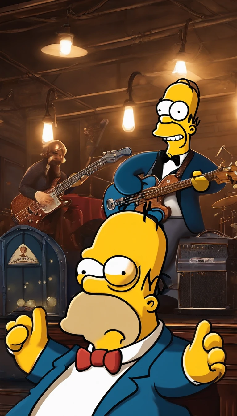 cafe shop，The Simpsons，Homer Simpson plays bass，homer simpson，dramatic lights，Dramatic colors，On stage，One guy，Play bass，The whole body of the character