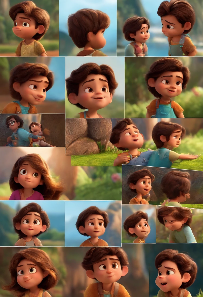 um menino de 6 anos de idade, cabelos castanho, corpo inteiro, disney pixar, cute