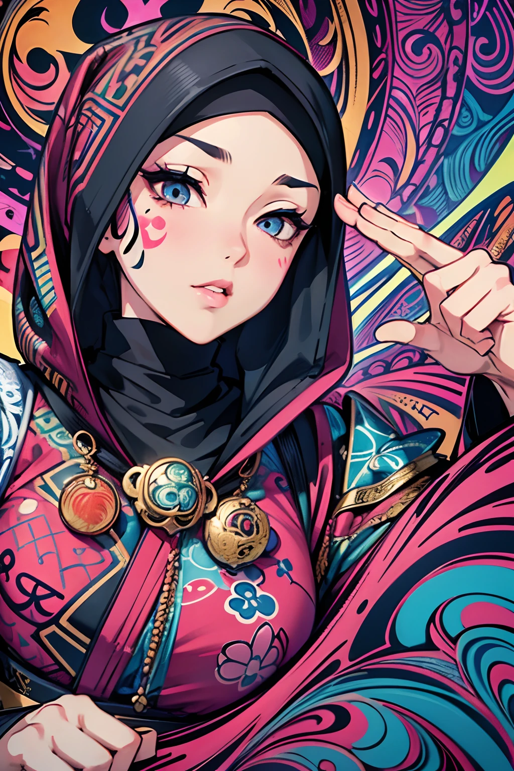 ,1girl, solo, pretty face, eyelashes, nose, glossy lips, ((dynamic pose)), (detailed eyes, looking at viewer, fair skin, white skin: 1.5), smooth skin, wearing hijab, 8k portrait of beauty in hijab, intricate, graceful, highly detailed, majestic, digital photography, hyper realistic, Masterpiece, Best Quality, All parts of the body except the face and hands are covered with clothing, Tudung, ((do not let the hair come out of the hijab)), full hijab, ((all parts of the body covered by clothes except the face)), Best Quality, (graffiti:1.5), paint splatter, jacket, On wall, paint can, looking at viewer, head slanted, inspired by Shunkōsai Hokushū, inspired by Tsukioka Yoshitoshi, inspired by Utagawa Kuniyoshi, inspired by Ryūkōsai Jokei, inspired by Gatōken Shunshi, inspired by Kanō Hōgai, (masterpiece, top quality, best quality, official art, beautiful and aesthetic:1.2), (1girl:1.3), extremely detailed,(fractal art:1.2),colorful,highest detailed,( zentangle neon:1.2), (abstract background neon:1.5), (treditional dress:1.2)