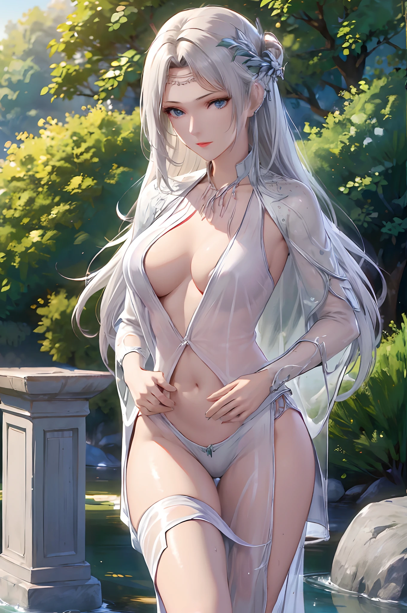 ((Masterpiece)), ((Best quality)), ((A high resolution)), ((Detailed background)), ((Extremely detailed Cg Unity 8K wallpaper)),((Naked, Sheer clothes，Pubic hair,see-through body)), （Raised ，Bigchest，A sexy pose：1.4）, Salt name, White hair, Long hair tied up, Blue eyes, Red lips,Women's office clothes,Extremely detailed CG unified 8K wallpaper, Highly detailed, High-definition RAW color photo, professional photoshooting, Realistic portrait