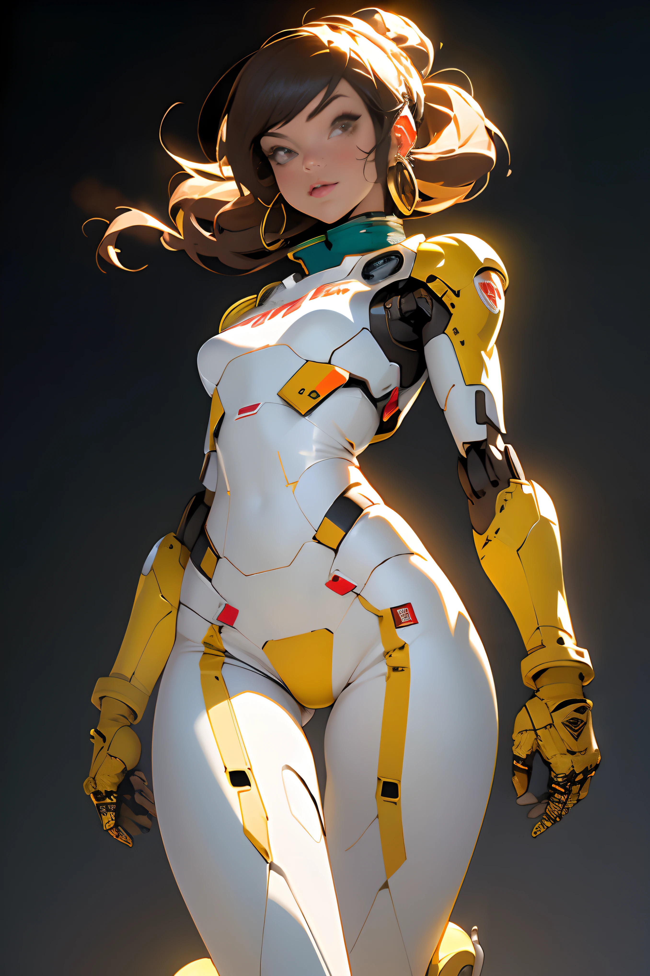 ((Best quality)), ((masterpiece)), (detailed: 1.4), (Absurd), (((full body)), (((woman))), 35-year-old woman, Beautiful thin woman, giant robot pilot, wild with perfect fit body, perfect face, perfect eyes, wearing little clothing, tiny thong, clothing with Japanese graphic patterns, halftone pattern and vertical stripes, yellow gold, coming out of the body of a giant robot, thigh gap