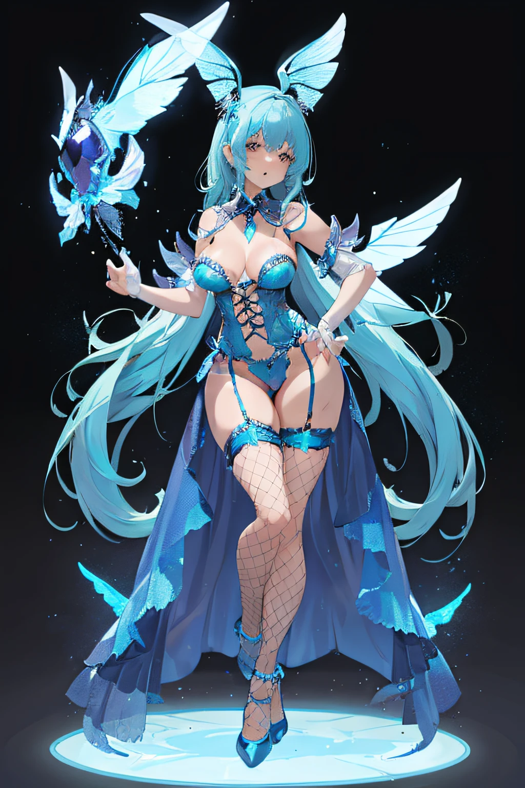 Full body, Cute Blue witch in sexy lingerie outfit, covered in blue energy, fishnet legwear, standing, bodysuit, red hard