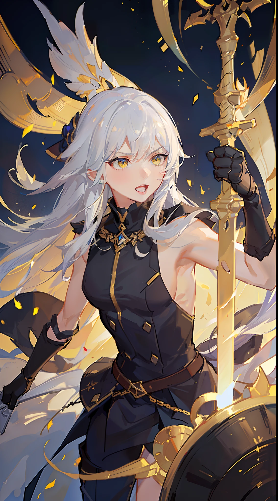 Grown-up guy, Long blue and white hair, Yellow eyes, musculature, smirk, open mouth, Black Mercenary Uniform, sword, Sleeveless, Gold Elements, Masterpiece, hiquality, higly detailed, HD, 4k