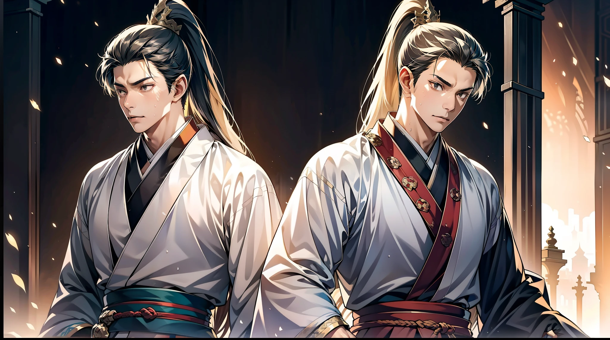 quadratic element，style of anime，mtu（Male Warrior），The proportions are correct，Face details，swordsmen，High ponytail hairstyle，Neck details，There is an Adam's apple，Black Hanfu，kaftan，Embroidered robes，Black robe，clothes details，Handing over，longer sleeves，Game quality，Swordsmanship，Light and shadow tracking，Ray traching，detailed glow，cg render，hair detail，cabelos preto e longos，Black eyes，Handsome，Handsome，（juvenile sense），Clothing is complicated，Perfectcomposition，Refinement，high qulity，higher details，Lots of details，The background is complex，a sense of atmosphere，