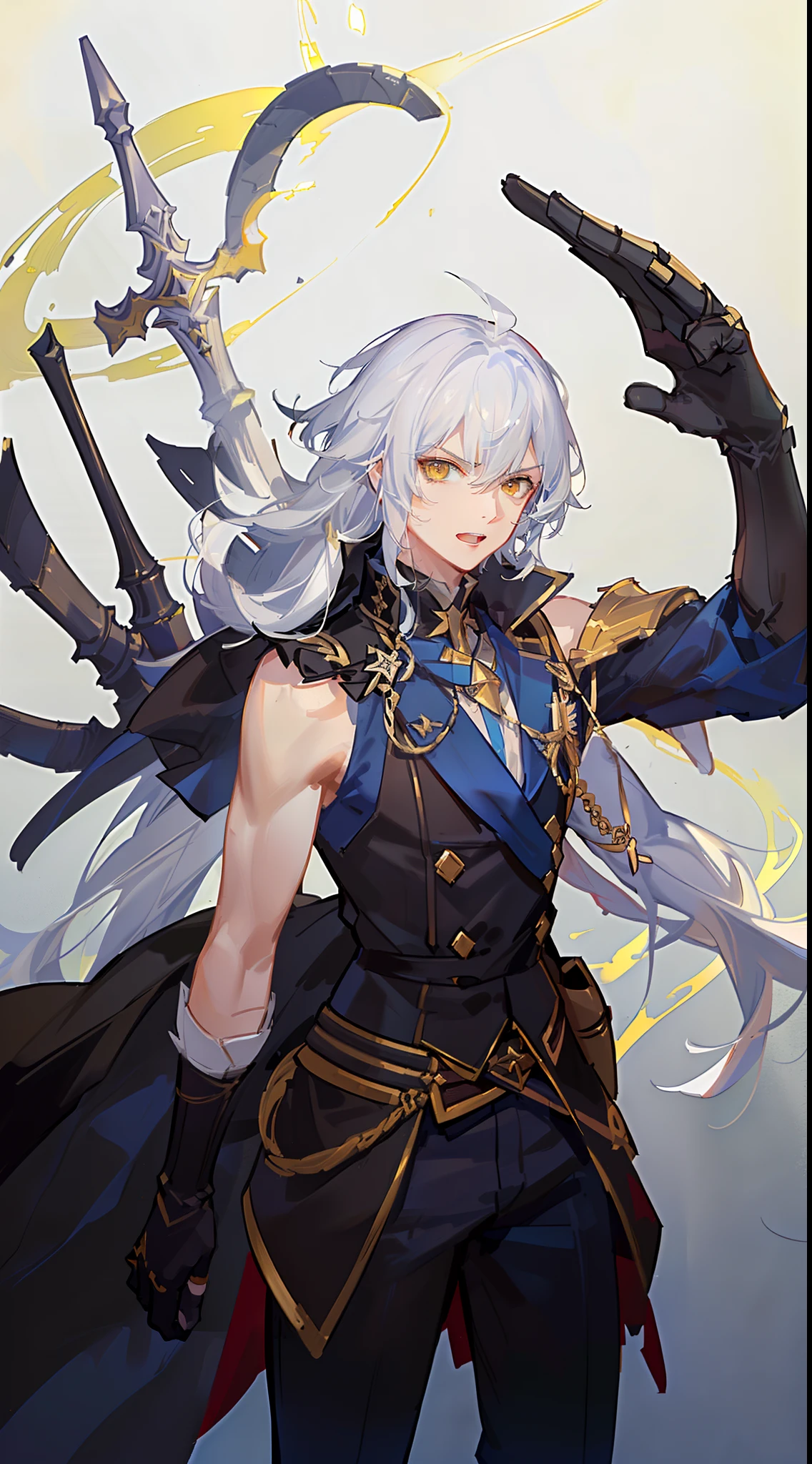 Grown-up guy, Long blue and white hair, Yellow eyes, musculature, smirk, open mouth, Black Mercenary Uniform, sword, Sleeveless, Gold Elements, Masterpiece, hiquality, higly detailed, HD, 4k