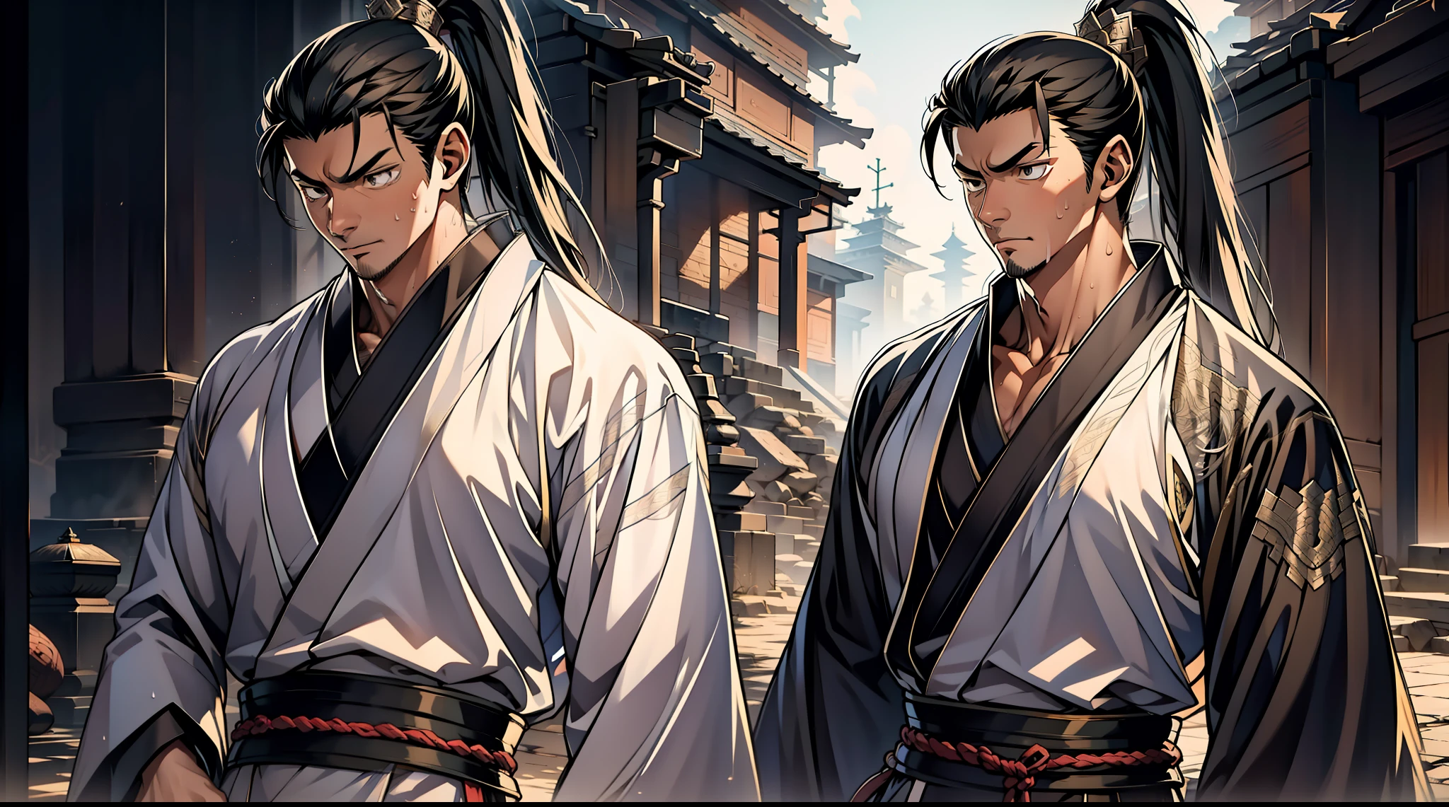 quadratic element，style of anime，mtu（Male Warrior），The proportions are correct，Face details，swordsmen，High ponytail hairstyle，Neck details，There is an Adam's apple，Black Hanfu，kaftan，Embroidered robes，Black robe，clothes details，Handing over，longer sleeves，Game quality，Swordsmanship，Light and shadow tracking，Ray traching，detailed glow，cg render，hair detail，cabelos preto e longos，Black eyes，Handsome，Handsome，（juvenile sense），Clothing is complicated，Perfectcomposition，Refinement，high qulity，higher details，Lots of details，The background is complex，a sense of atmosphere，