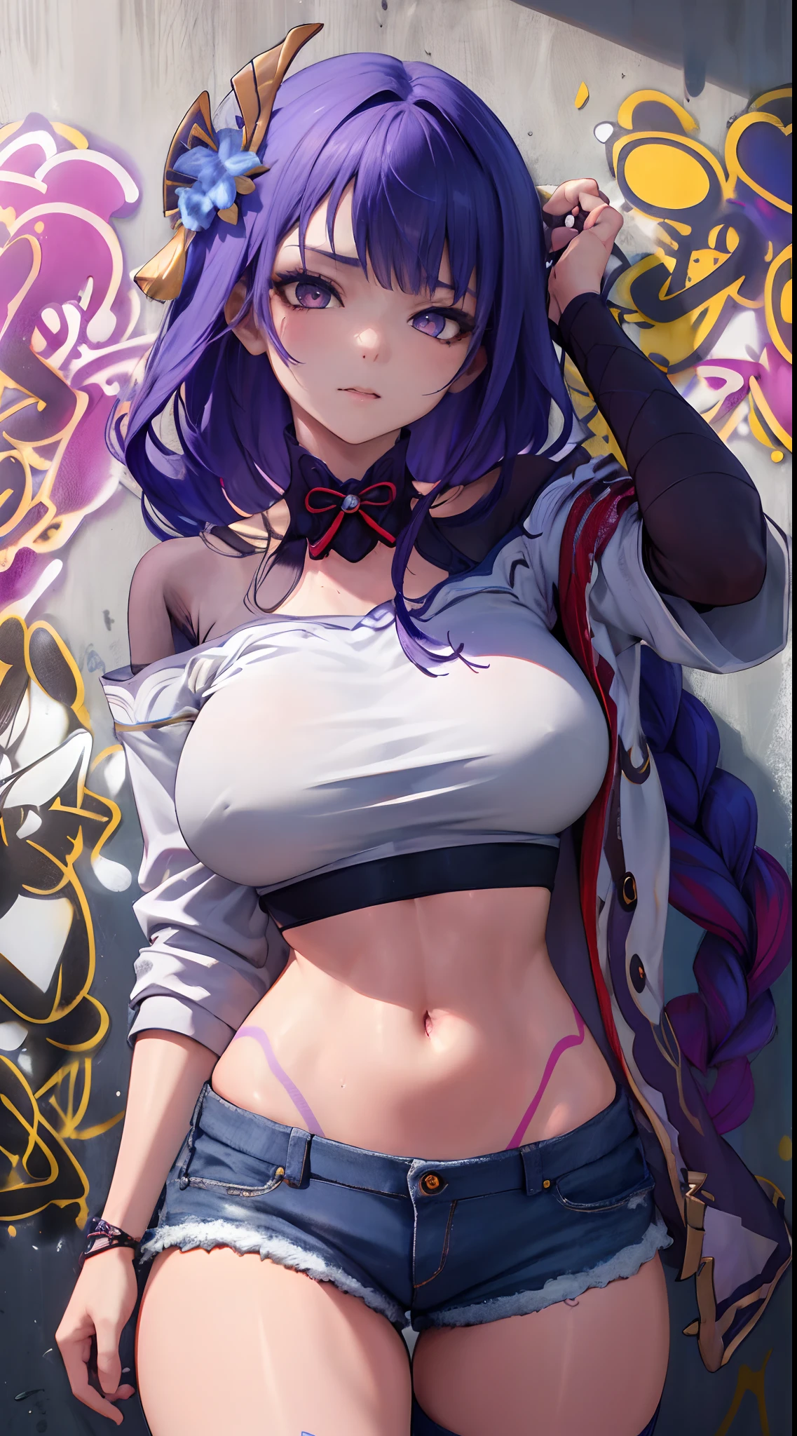 Kujou Sara Genshin Effect, masterpiece, bestquality, 1girls, bara, crop top, shorts jeans, choker, (Graffiti:1.5), color splashes, arm behind back, against wall, looking at the audience, bracelet, Thigh strap, Paint on the body.................., Head tilt, bored, multicolored hair, water eyes, headset,