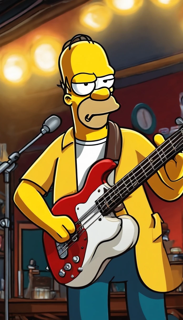 cafe shop,The Simpsons,Homer Simpson plays bass,homer simpson,dramatic lights,Dramatic colors,On stage,One guy,Play bass,The whole body of the character