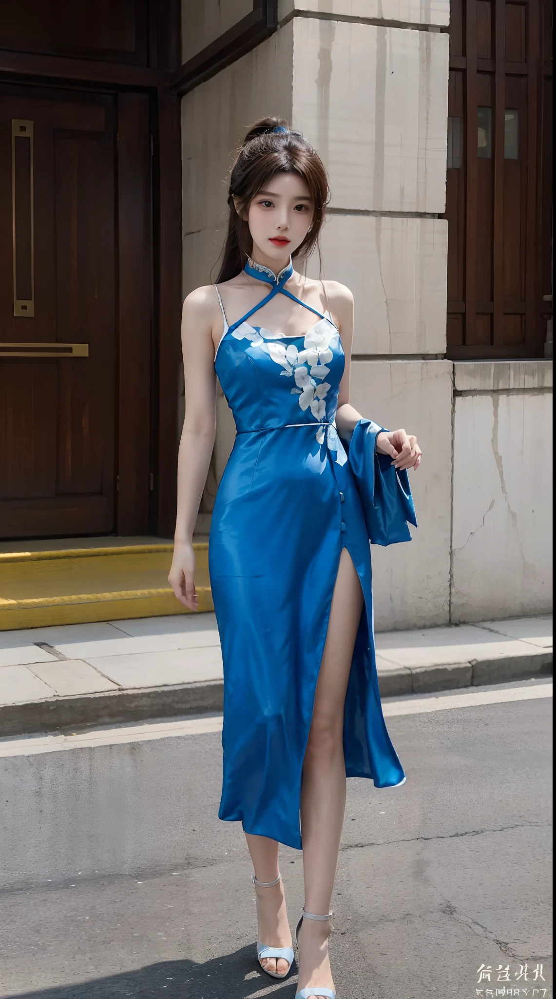 Face the viewer,The girl was wearing a fine cheongsam,It shows the elegance and charm of oriental women。The cheongsam is dominated by crimson,It is covered with delicate gold floral motifs,This makes the whole cheongsam look elegant and gorgeous。The neckline of the cheongsam is a typical Chinese stand-up collar,Fit her neck,Show her elegance。
The cut of the cheongsam fits perfectly,Clinging to her body,Show off her graceful curves。The hem of the cheongsam is just below the knee,It looks dignified and generous。She wears a pair of red high heels on her feet,It goes well with the color and style of the cheongsam。
Her hair was coiled into an elegant bun,There is a delicate hairpin inserted into it。Her face was covered with light makeup,Both eye shadow and lip gloss have chosen shades that harmonize with the color of the cheongsam。The girl's overall outfit is full of classical Chinese charm,It shows her elegant temperament and unique charm。