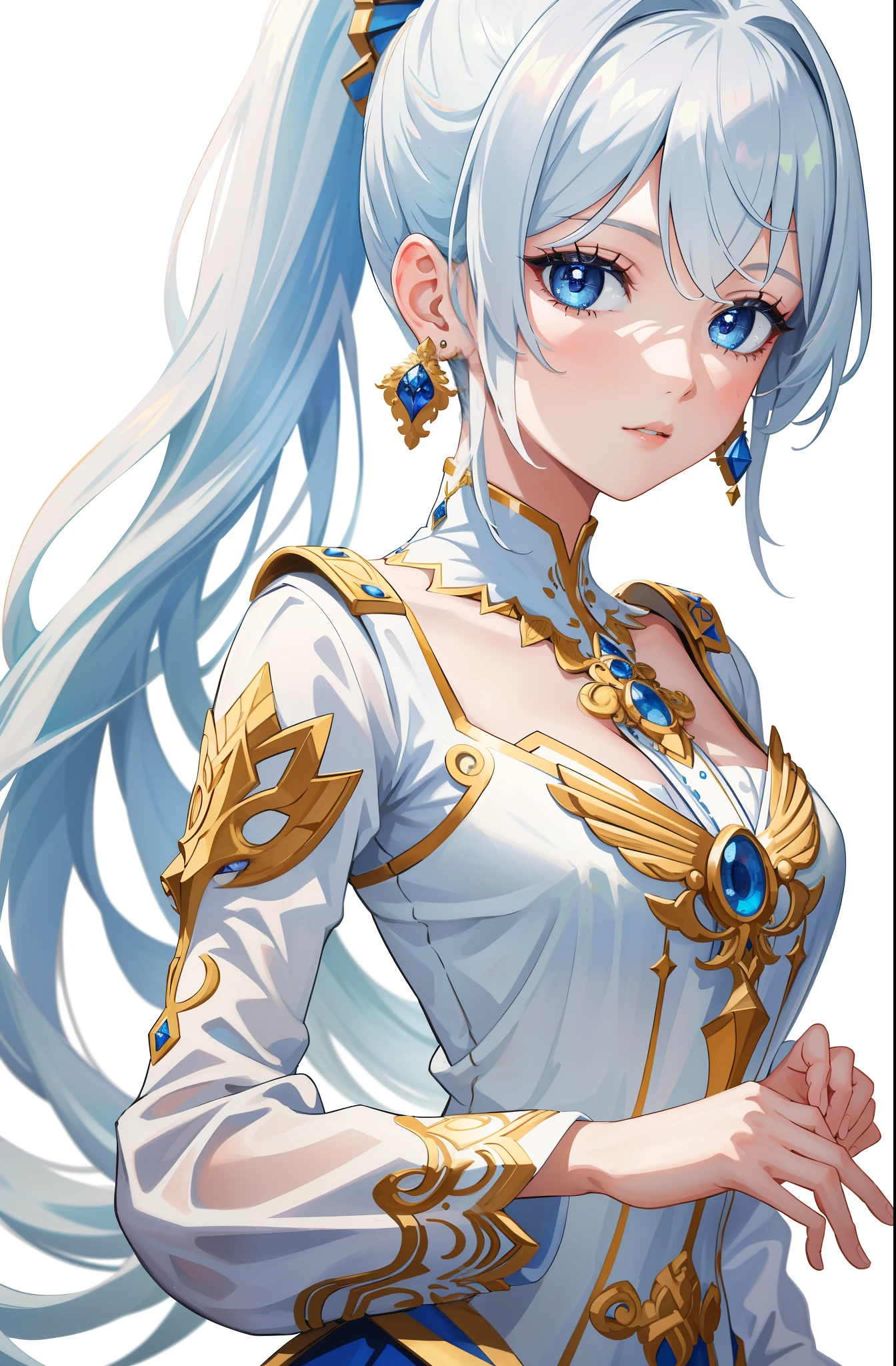 best quality,highly detailed,masterpiece,ultra-detailed,solo,(1girl),(Delicate eyes),(white background:1.3),breasts,dress, earrings,blue_eyes,symbol-shaped_pupils, ponytail,jewelry, very_long_hair, looking_at_viewer