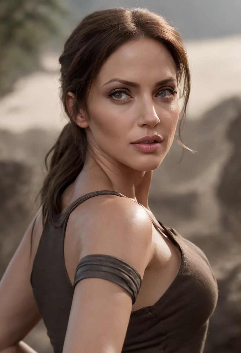 Angelina Jolie as Lara Croft,  a character from "Tomb Raider", (full body), ultra-detailed eyes, ultra-detailed body, nice perfect face with smooth skinice, stunning female body, ((ultra-detailed hands)), masterpiece concept fantasy art, trending on Artstation, hyper-detailed, digital art, unreal engine, 32k, ultra HD, image centered, ::n_style ugly, tiles, ((poorly drawn hands)), ((poorly drawn feet)), ((poorly drawn face)), out of frame, extra limbs, disfigured, deformed, body out of frame, bad anatomy, watermark, signature, cropped, low contrast, underexposed, overexposed , bad art, beginner, amateur, distorted face, blurred, draft, grainy, fully nude, wet, camel toe