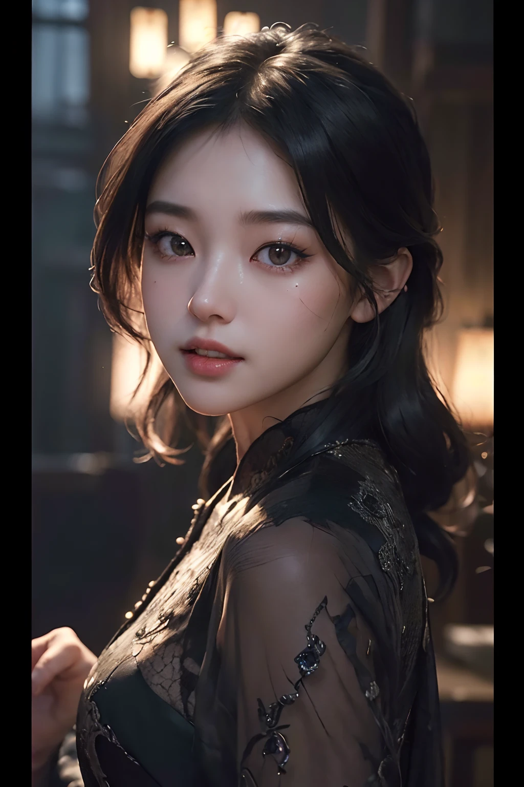 (masterpiece、top-quality、beautiful quality、Photorealsitic、Look at viewers、detailed lighting、highlydetailed skin、very detail hair、extremely detailed teeth、shadowy、8k:1.2)、(women's pictures、1girl in:1.2)、Night view of Hida Takayama