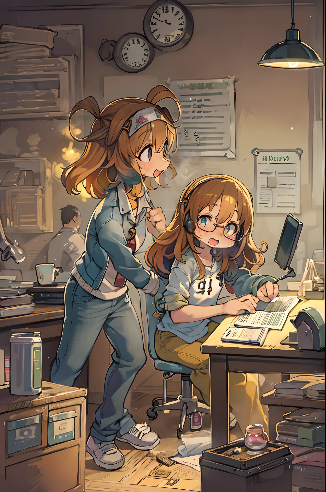 Cartoon Characters Overtime Scene I don't want to work overtime Manic Humorous Relaxed atmosphere Girl characters