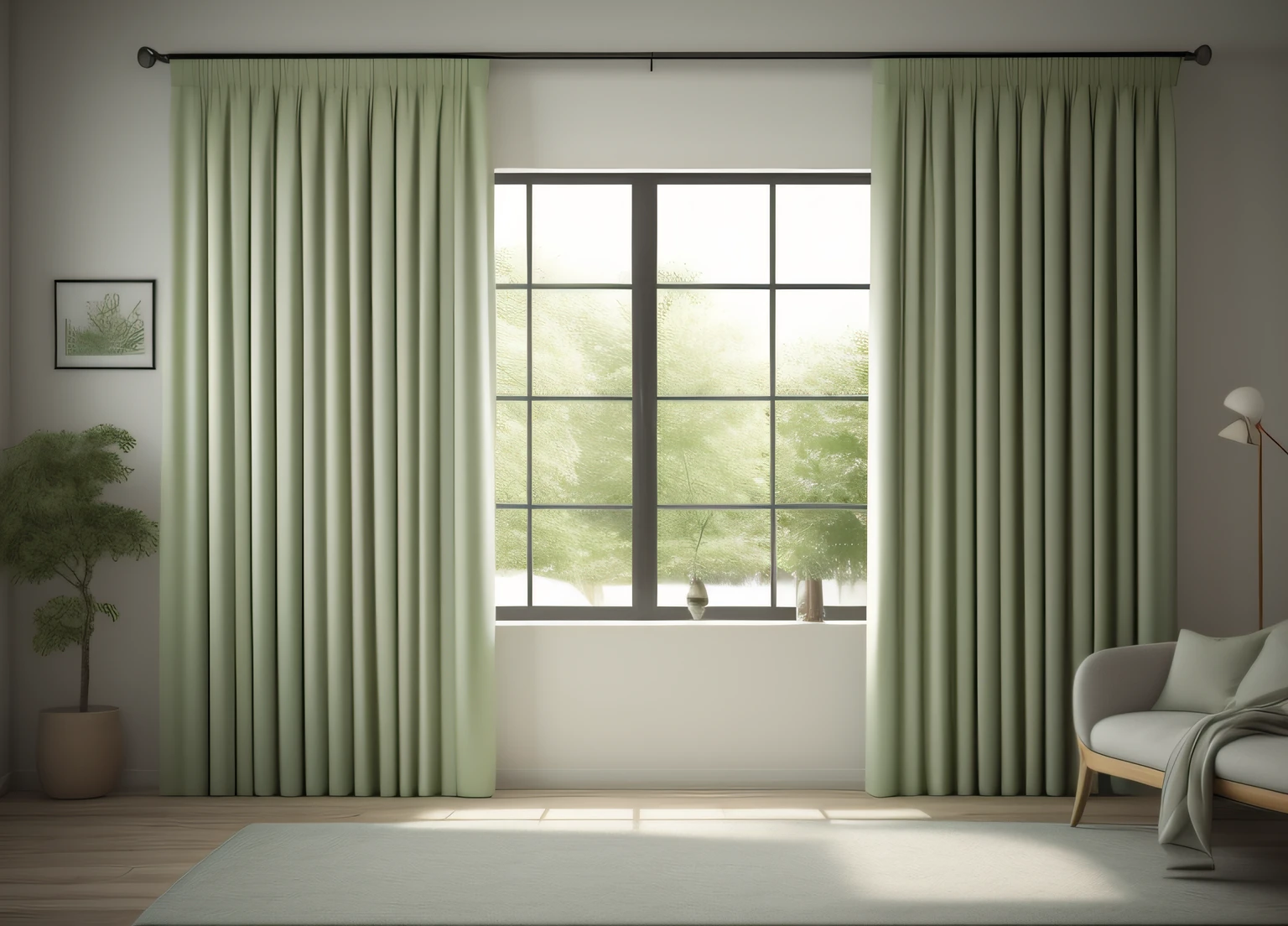 thick curtains, photo, light green, interior, cozy, (side view), (masterpiece),(high quality), best quality, real, (realistic), super detailed, (full detail),(4k),8k